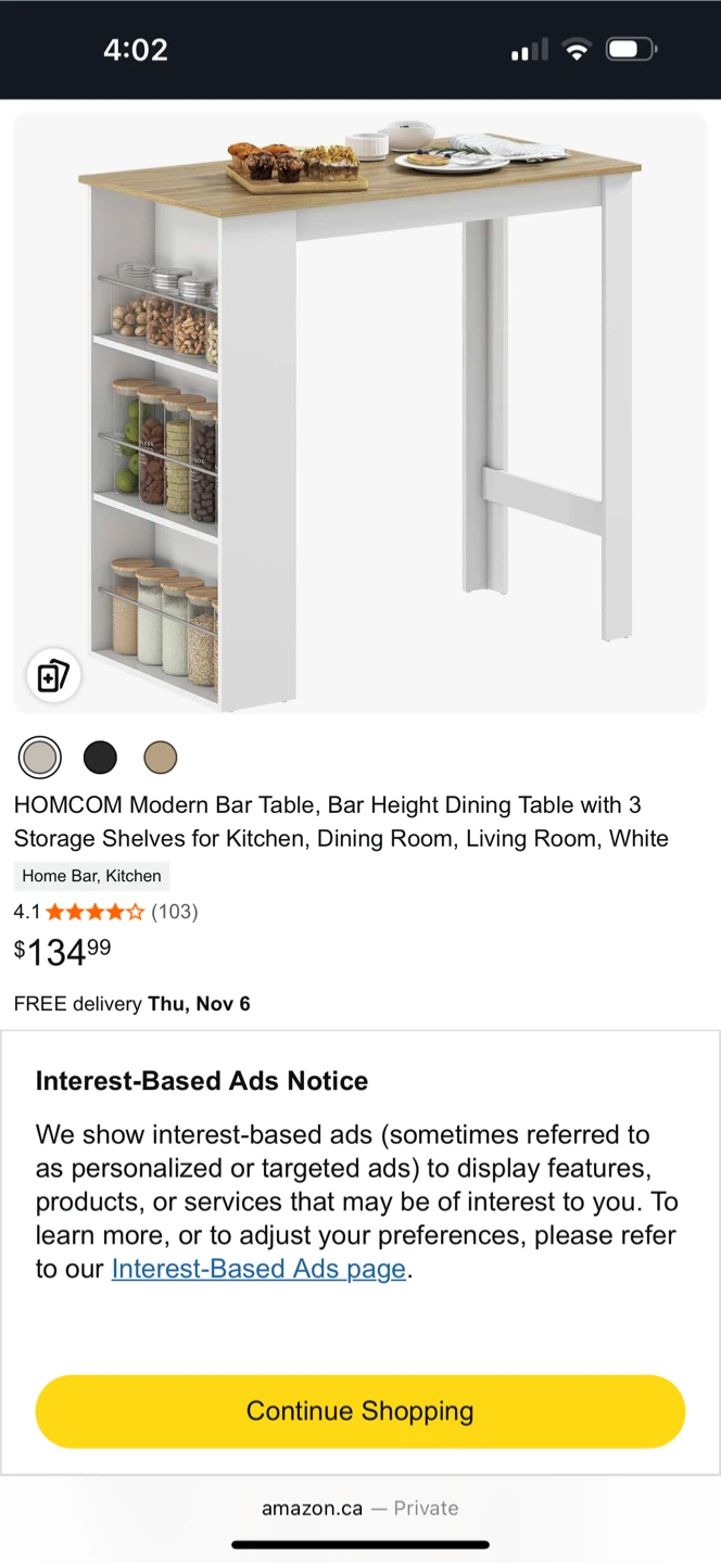 HOMCOM Modern Bar Table with 3 Shelves - White