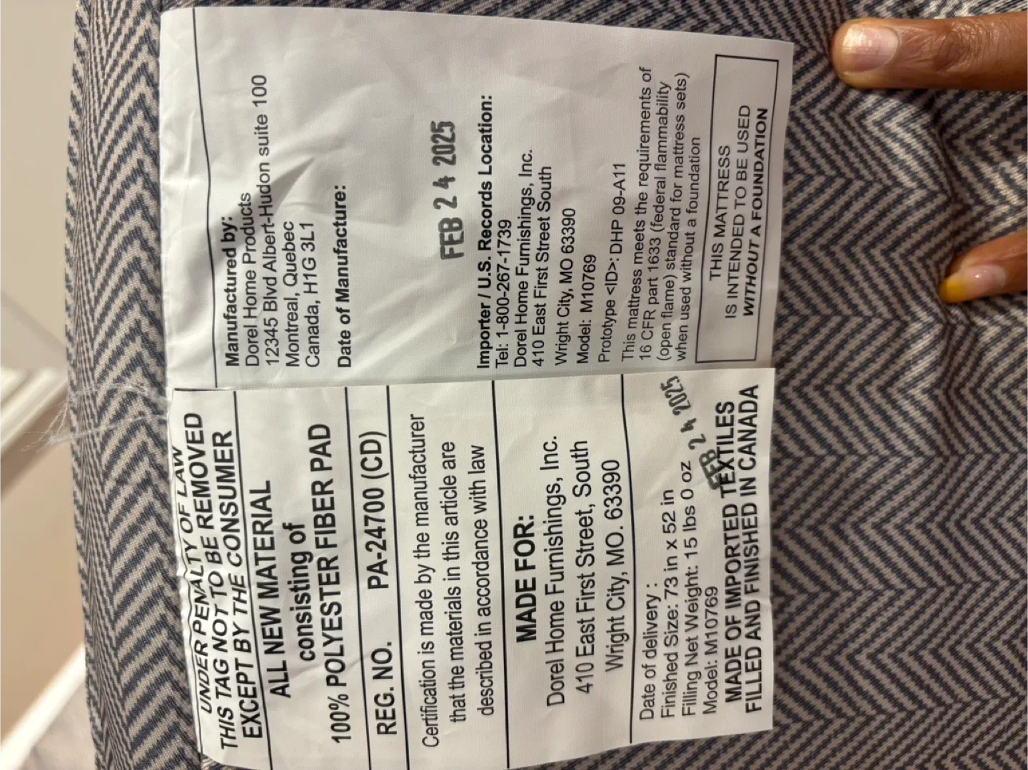 Dorel Home Products Mattress - 73" x 52"- AS IS image indicator(4)