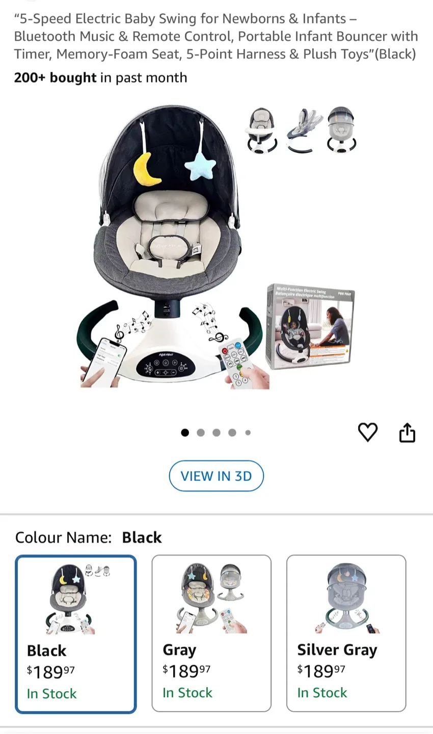 PBell 5-Speed Electric Baby Swing - Black - Brand New thumbnail