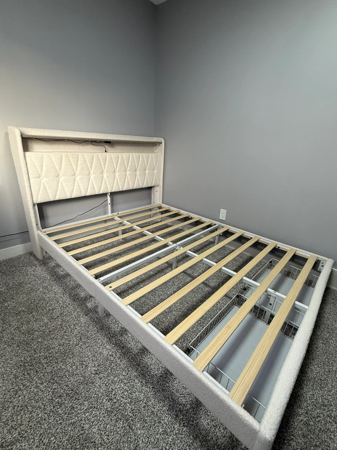 Upholstered Queen Bed Frame with LED Lights & USB Ports