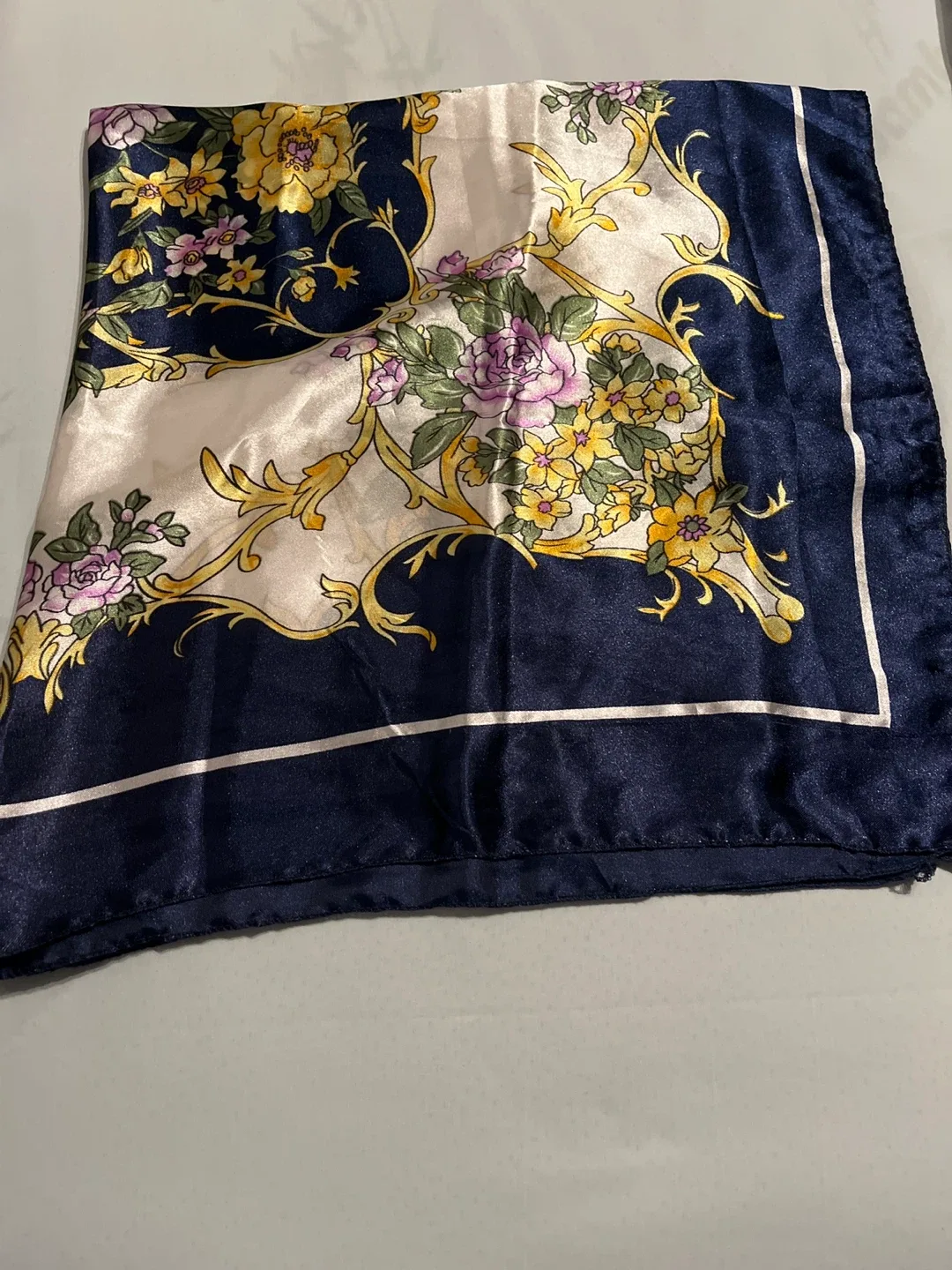 Floral Pattern Silk Scarf - Navy Blue thumbnail