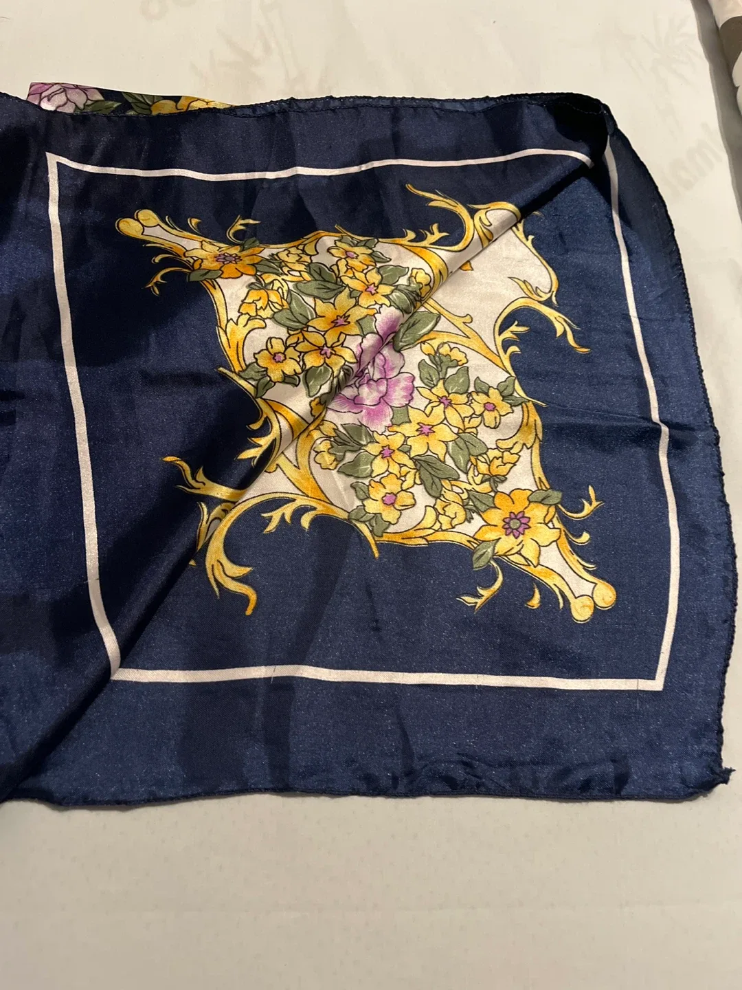 Floral Pattern Silk Scarf - Navy Blue image indicator(2)