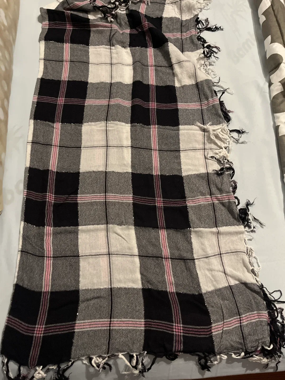 Plaid Scarf - Black, White, and Pink thumbnail