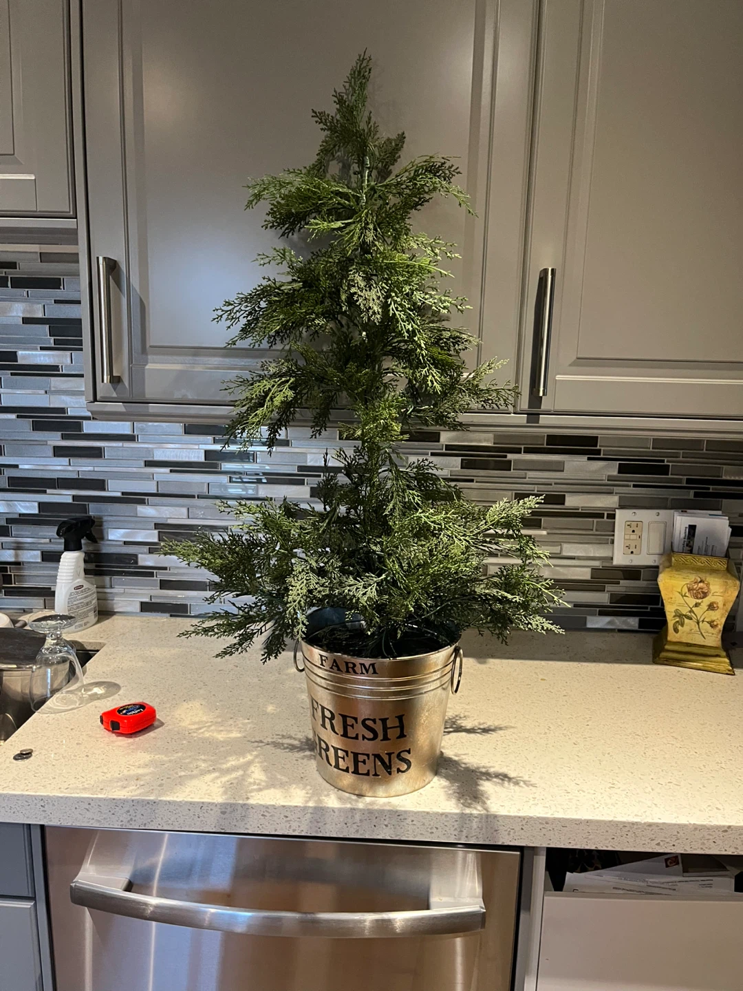 Farm Fresh Greens Faux Cedar Tree in Metal Bucket