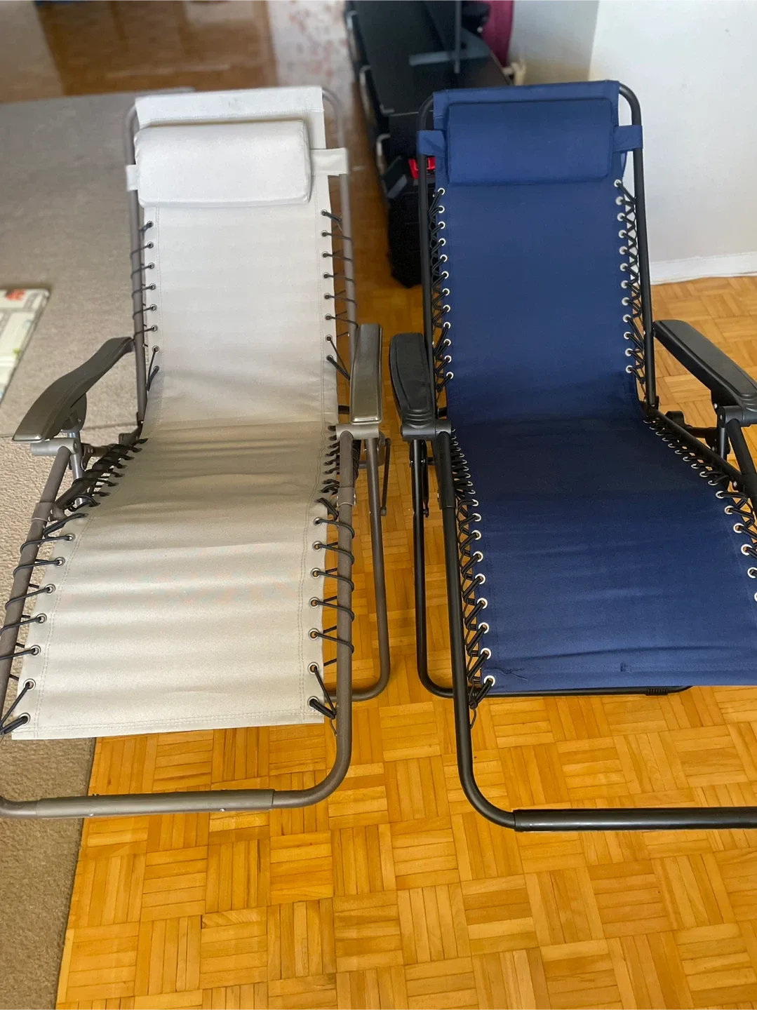 Zero Gravity Lounge Chairs - Beige & Navy Blue