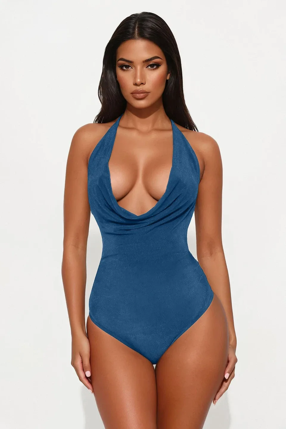 Fashion Nova Tyra Ruched Elegant Blue Halter Bodysuit (BNWT) thumbnail
