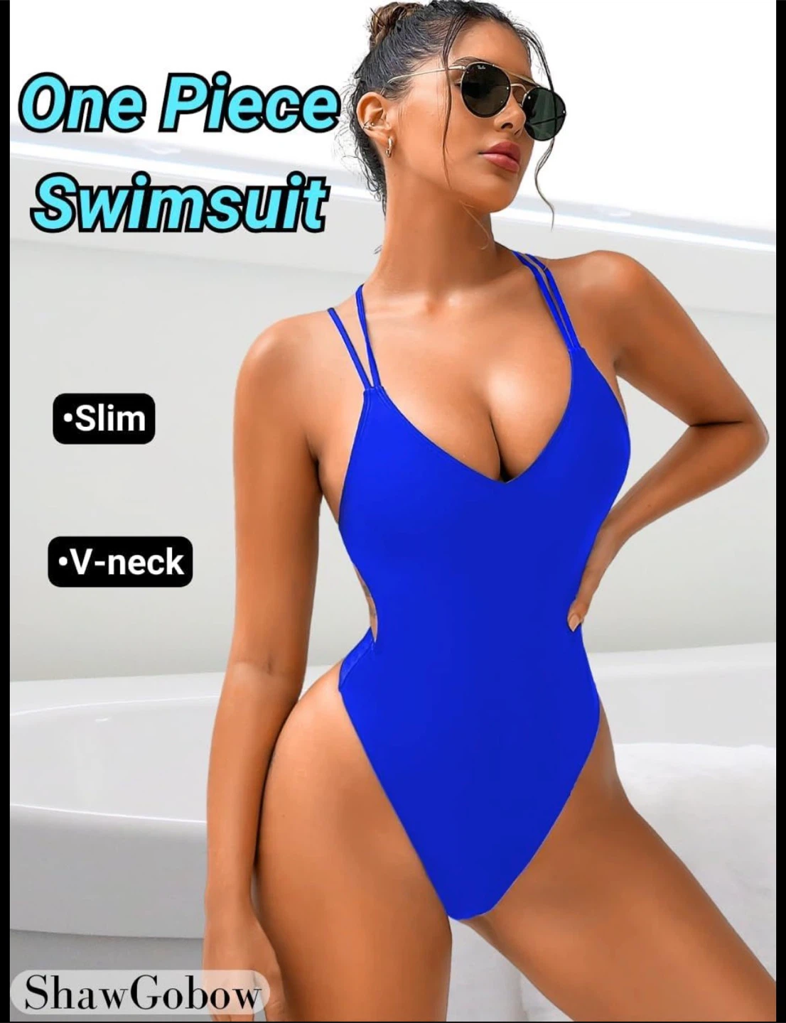 Blue One Piece Swimsuit - V-Neck