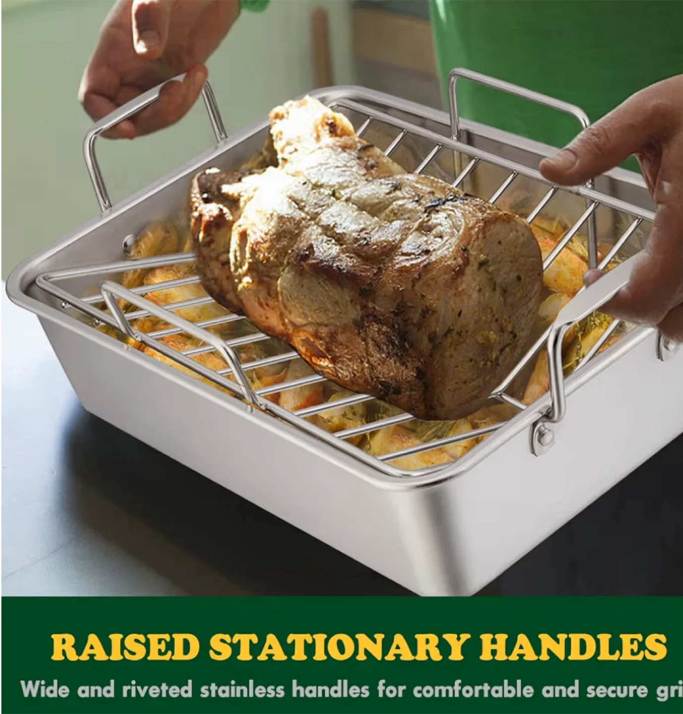 Large Stainless Steel Roasting Pan with Rack image indicator(4)