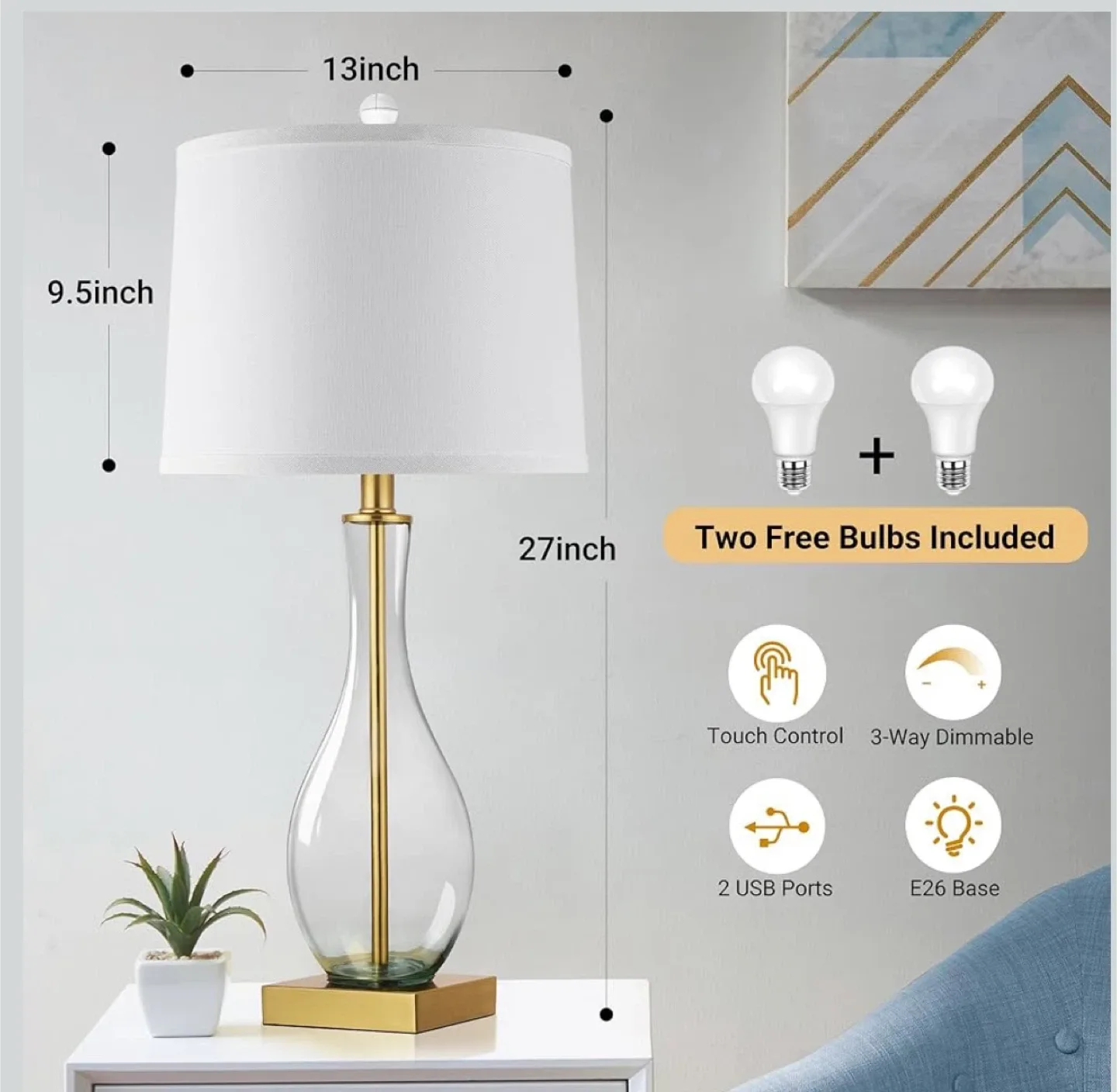 Glass Table Lamp with USB Ports image indicator(4)