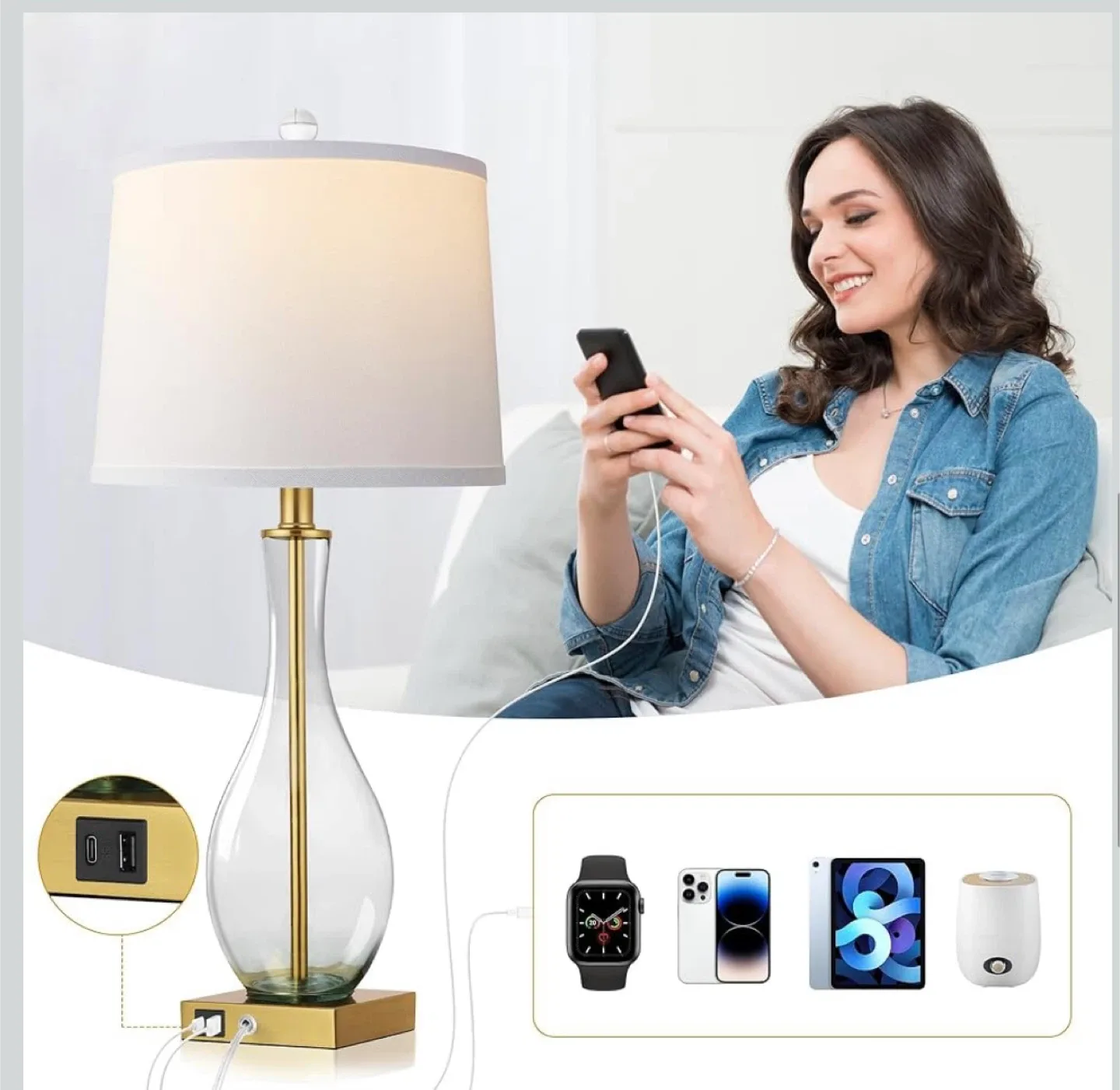 Glass Table Lamp with USB Ports image indicator(5)