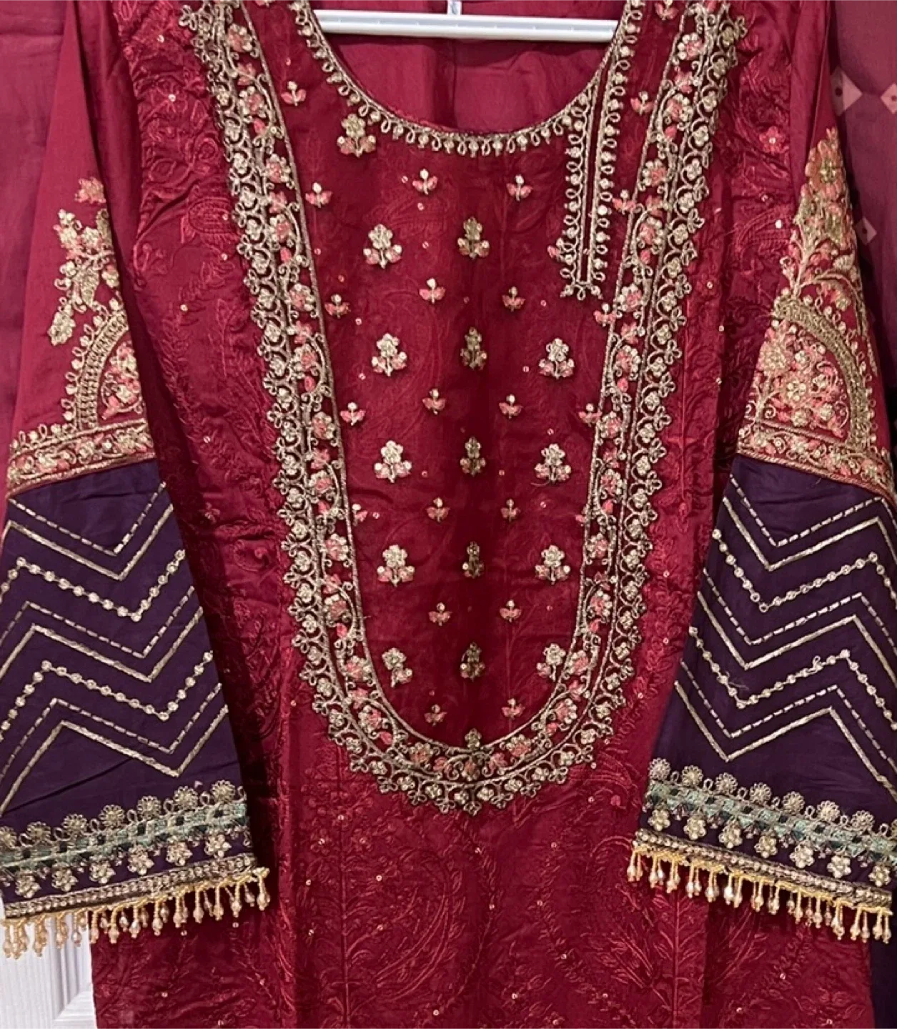 3 Pcs Maroon Suit with sequence Embroidered image indicator(3)