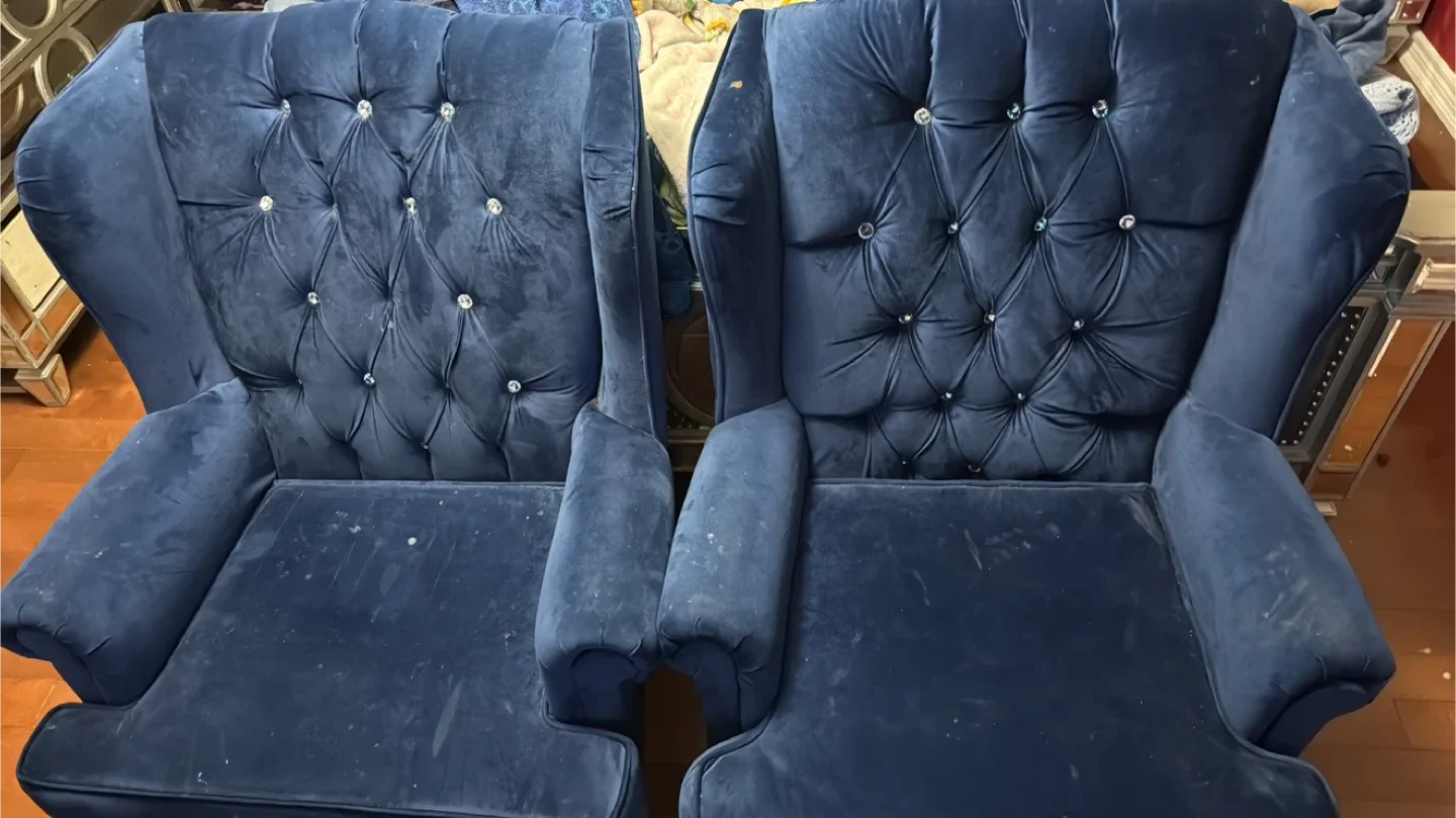 Blue Velvet Armchairs and Ottoman Set thumbnail