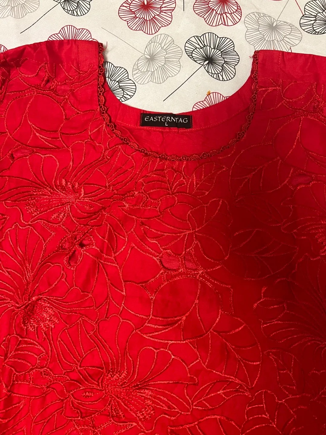 Beautiful Cutwork Suit Red Color Size: can fit Large and XL image indicator(3)