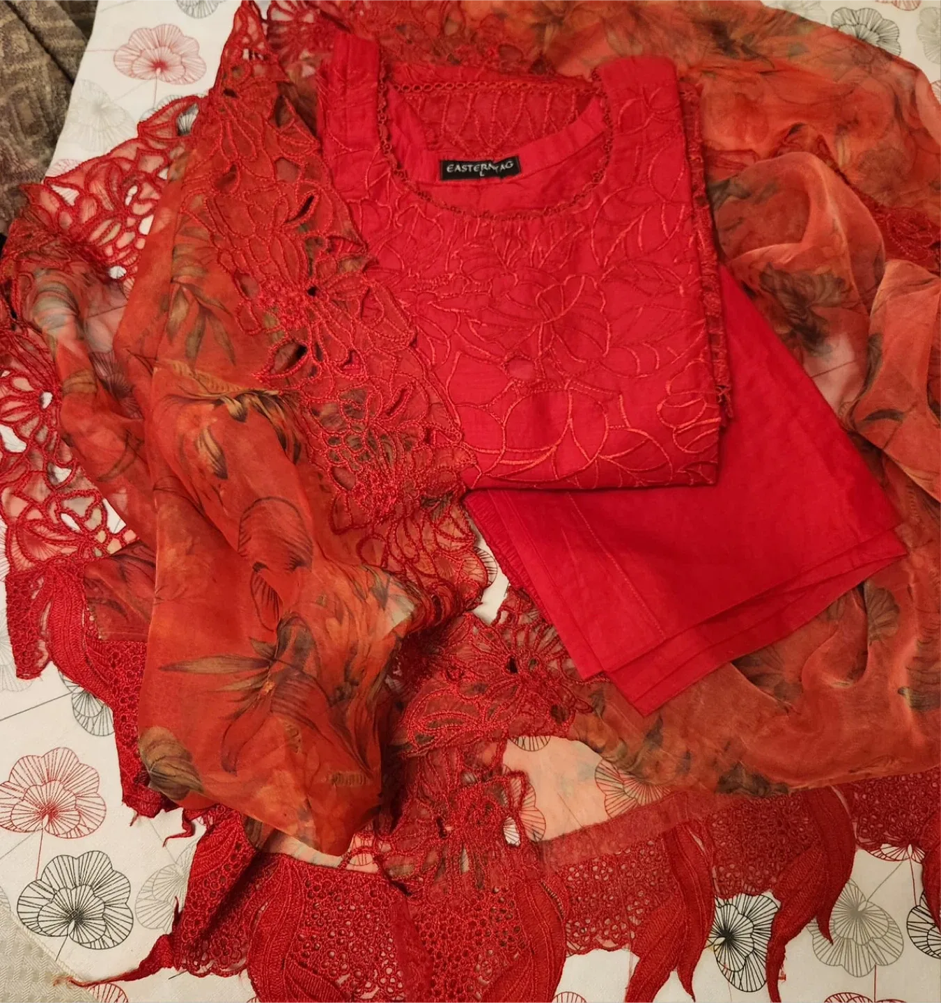 Beautiful Cutwork Suit Red Color Size: can fit Large and XL image indicator(2)