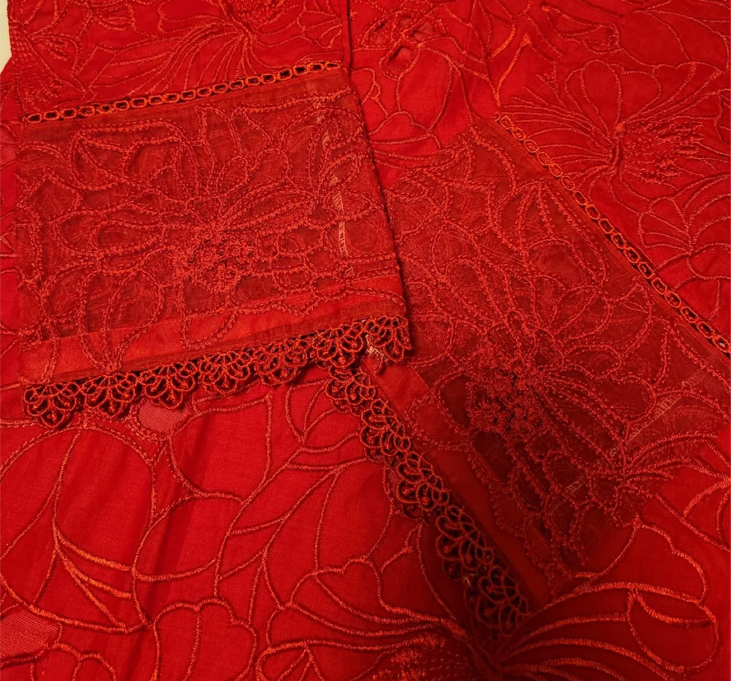 Beautiful Cutwork Suit Red Color Size: can fit Large and XL image indicator(4)