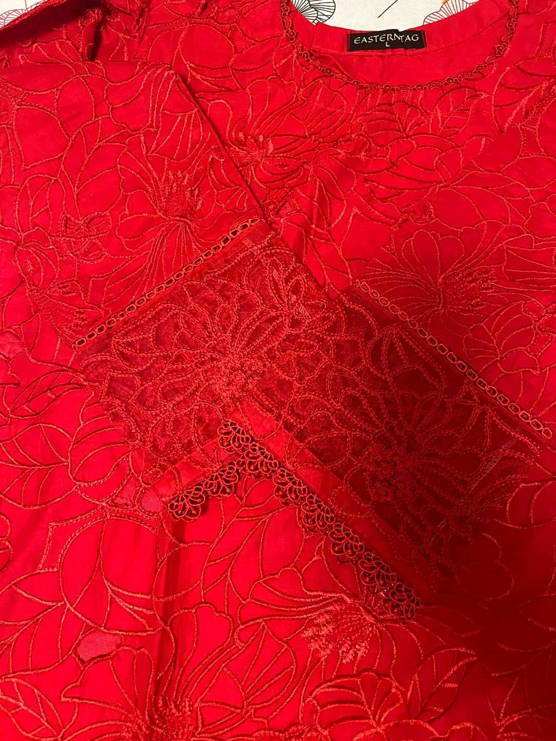 Beautiful Cutwork Suit Red Color Size: can fit Large and XL image indicator(10)