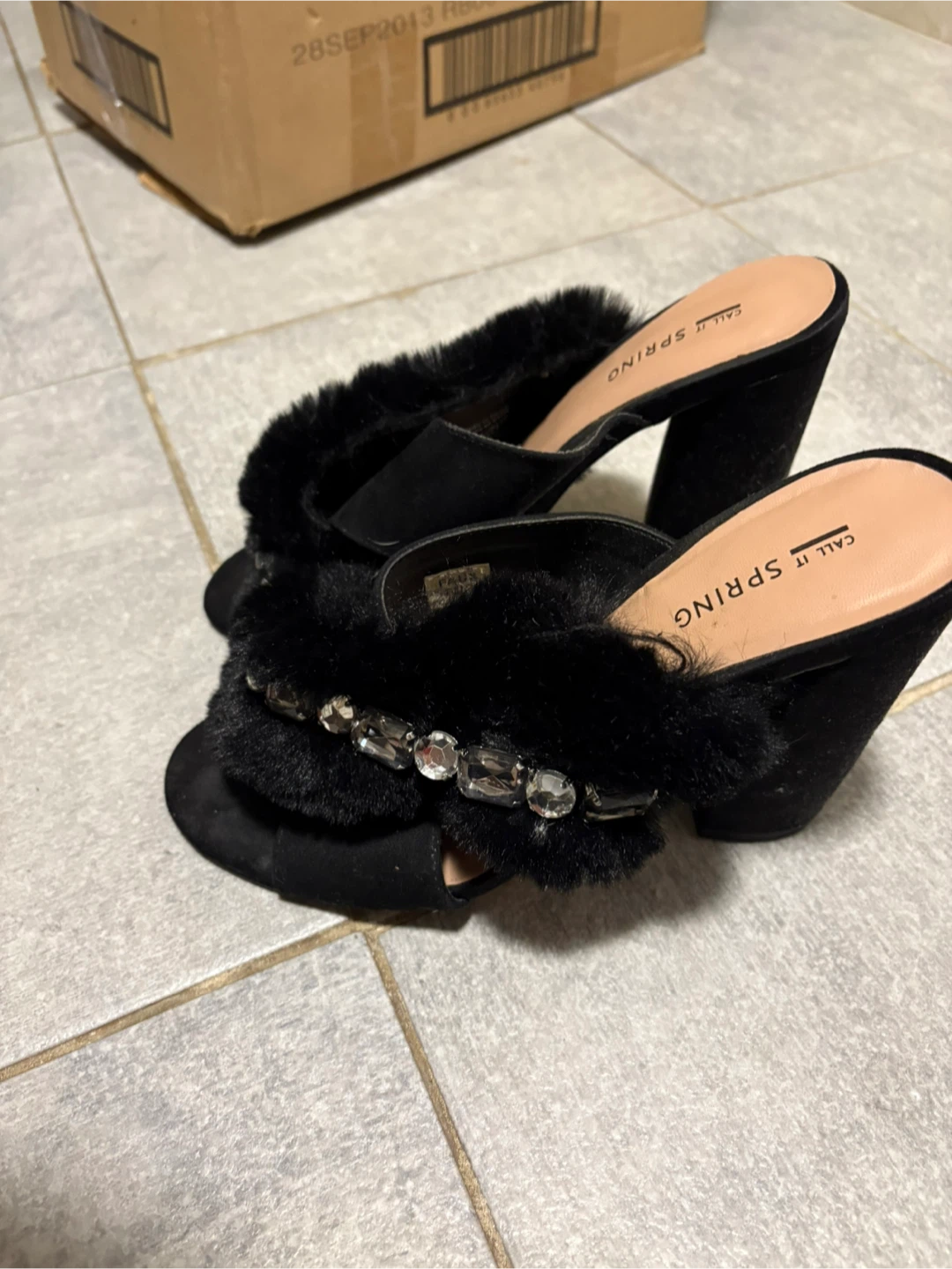 Call It Spring Black Faux Fur Mules - Size 8