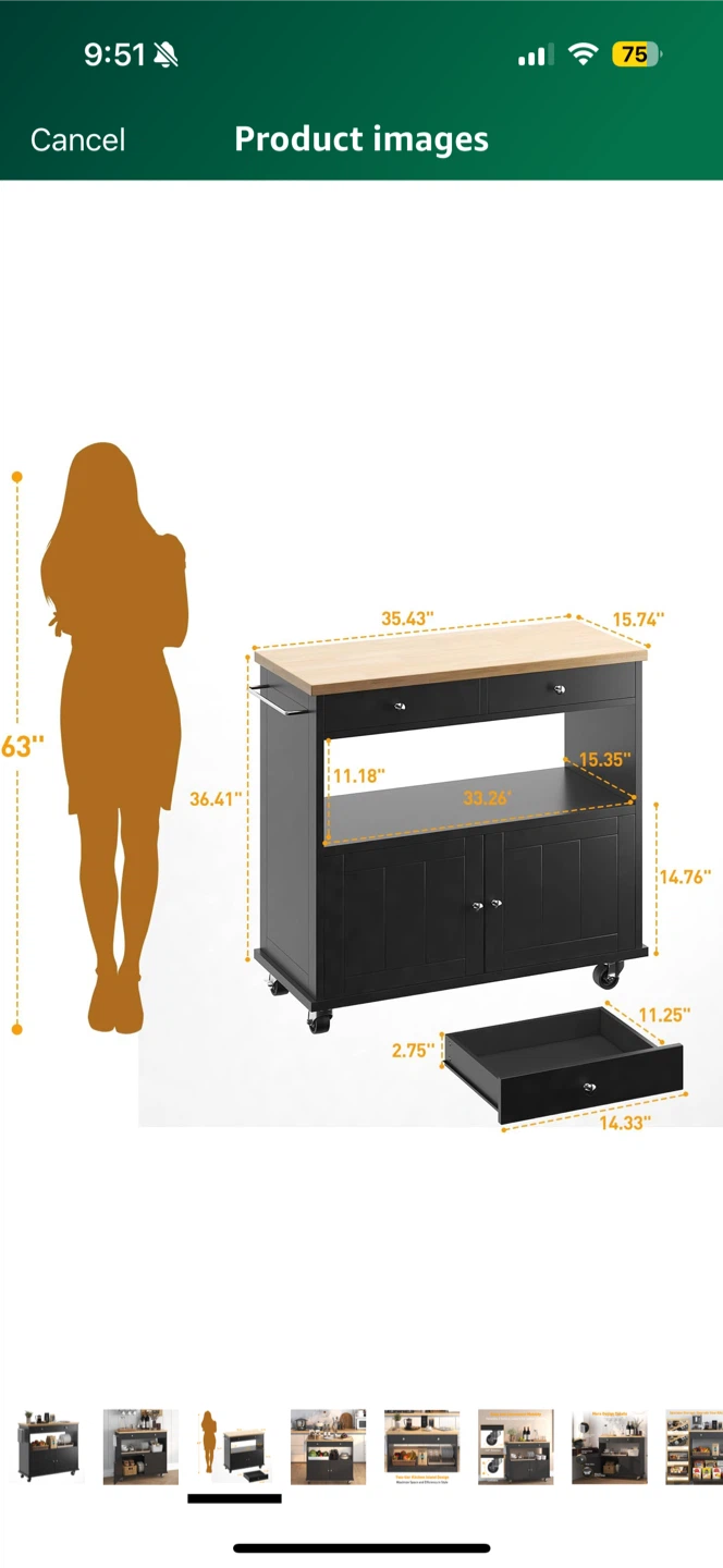 Black Kitchen Island Cart with Wood Top - photo 5