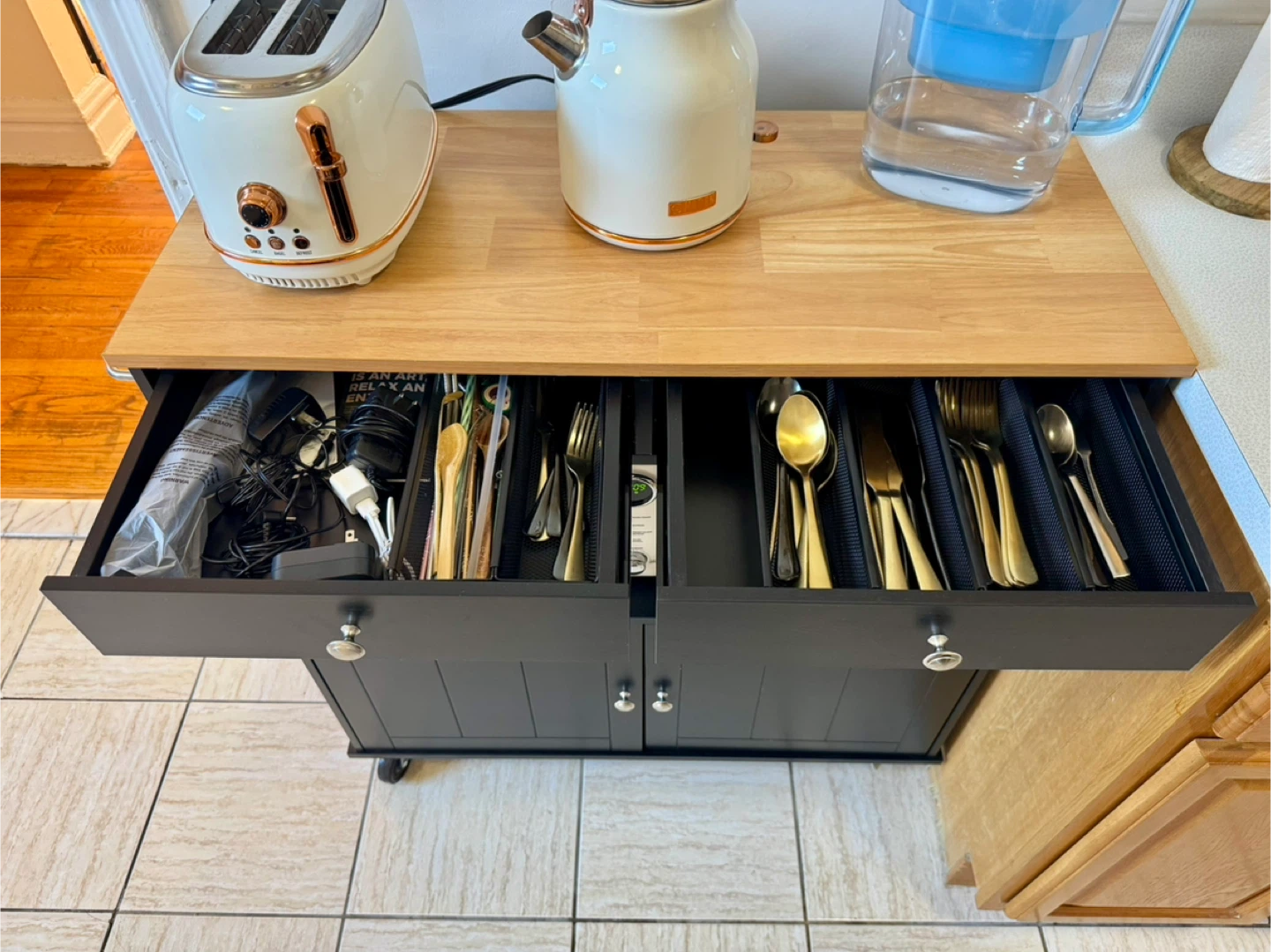 Black Kitchen Island Cart with Wood Top - photo 3