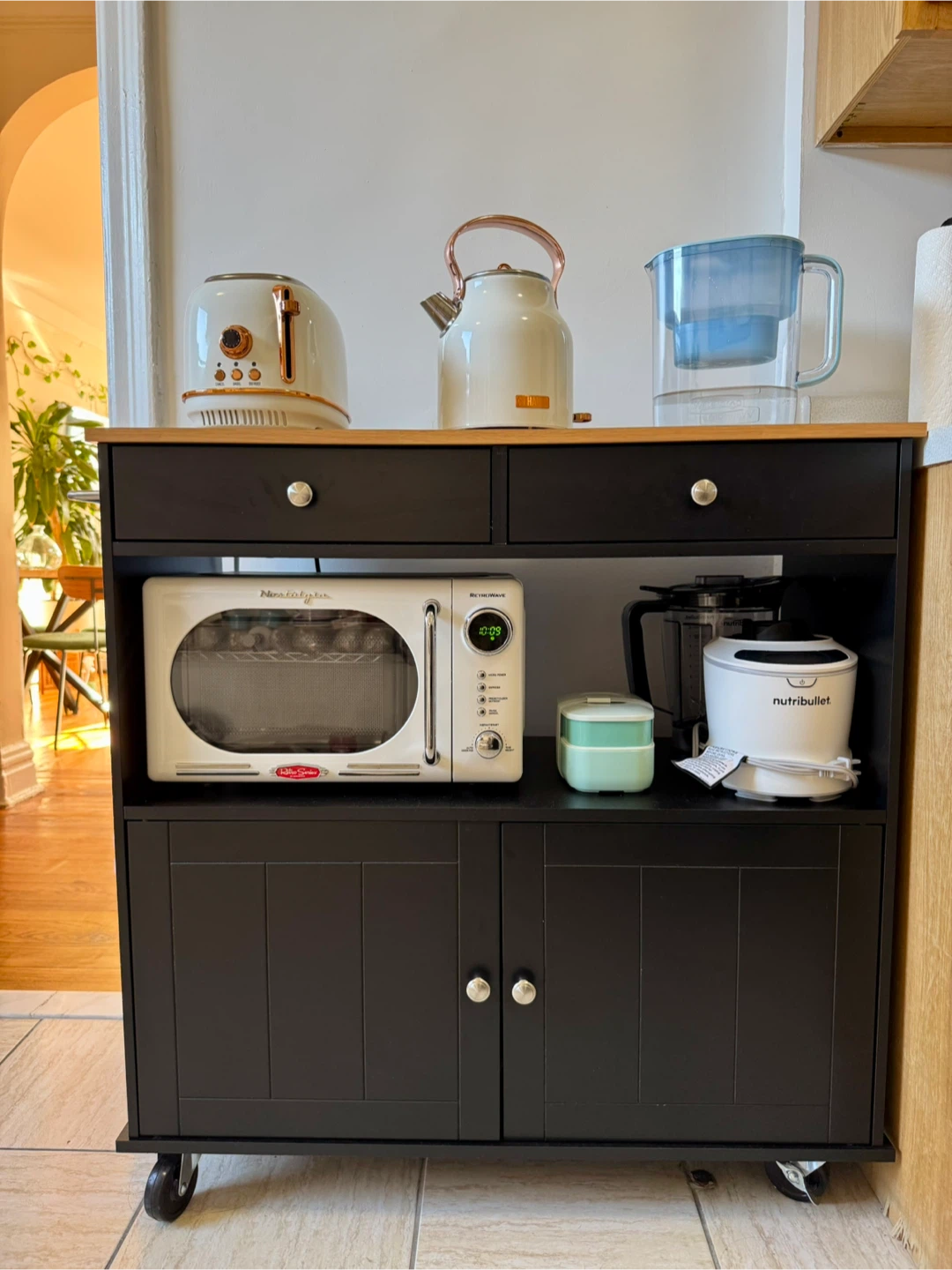 Black Kitchen Island Cart with Wood Top