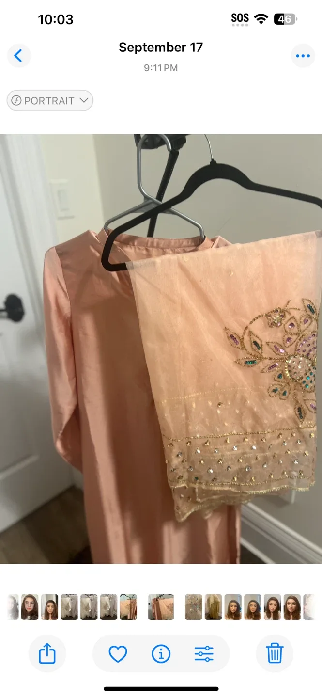 Peach three piece silk suit with  embelisshed dupata image indicator(2)