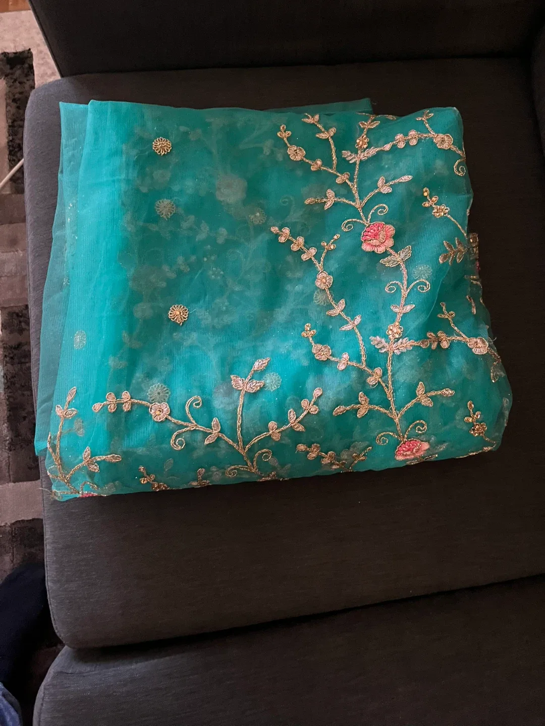 Embroidered Teal sari with blouse image indicator(2)