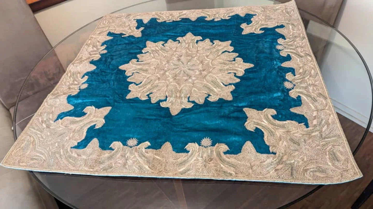 Embroidered Teal Tablecloth