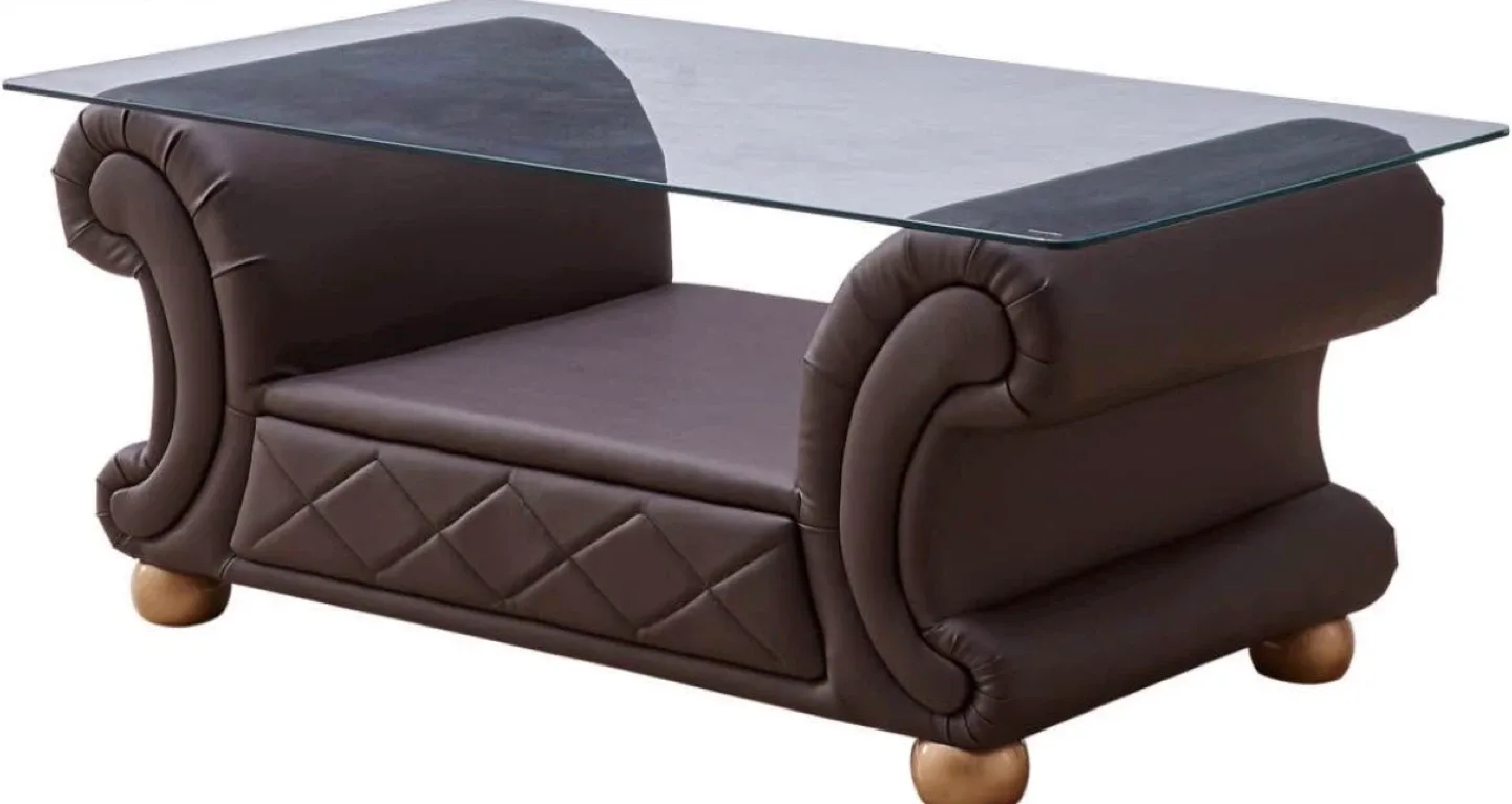 Brown Leather Coffee Table with Glass Top