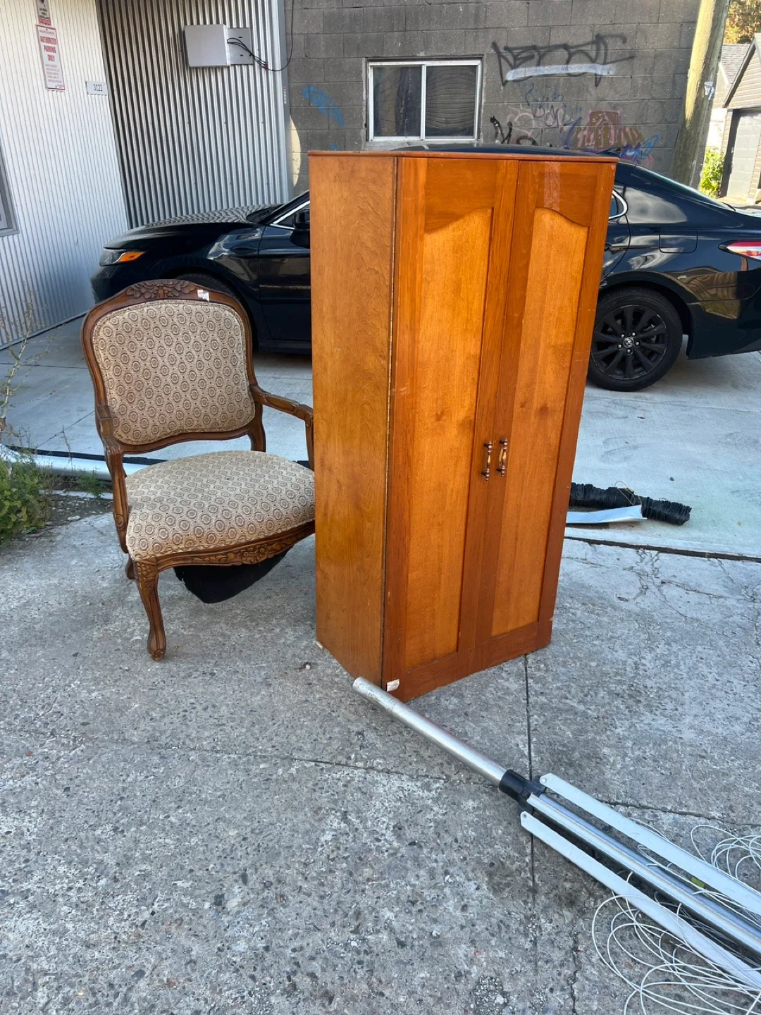 Antique Wooden Wardrobe & Armchair Set thumbnail