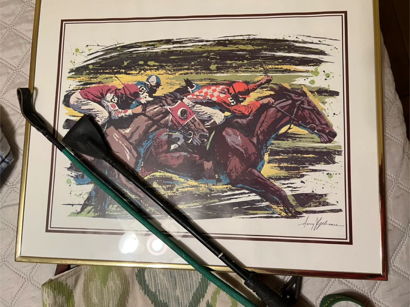 Race horsing picture with blanket. Whip and statue image indicator(4)