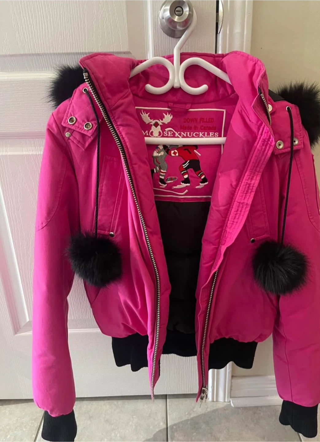 Moose Knuckles Pink Down Filled Bomber Jacket