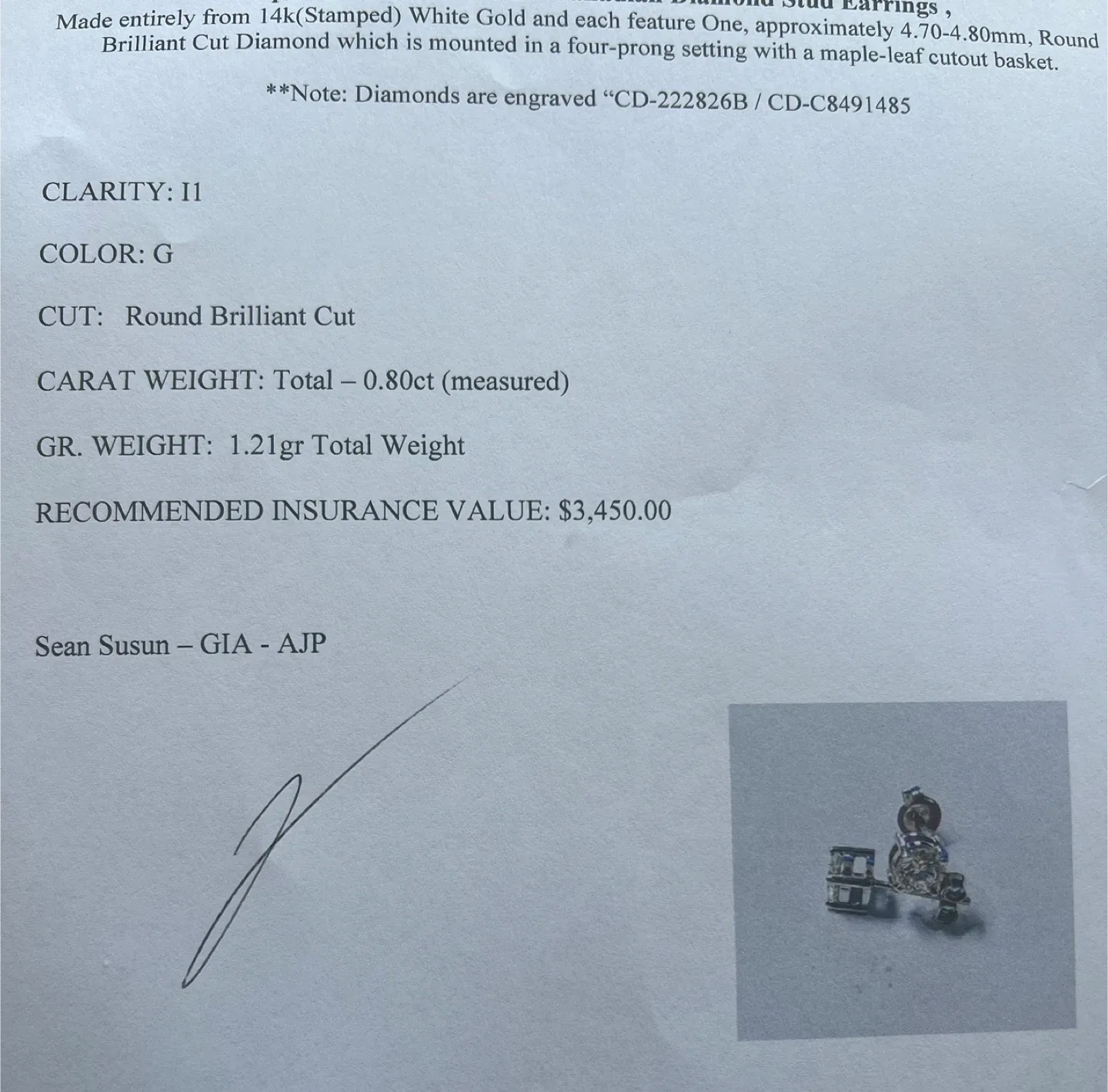 14 k diamond studs 0.80 CTW with an appraisal image indicator(2)