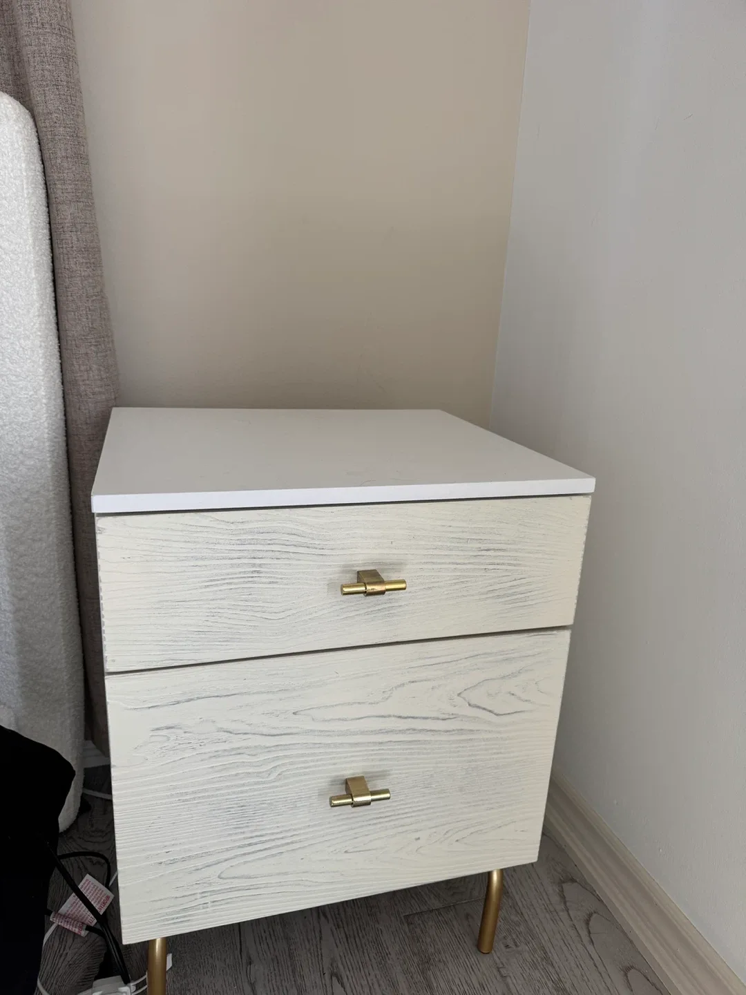 White Wood Grain Nightstand with Gold Accents thumbnail