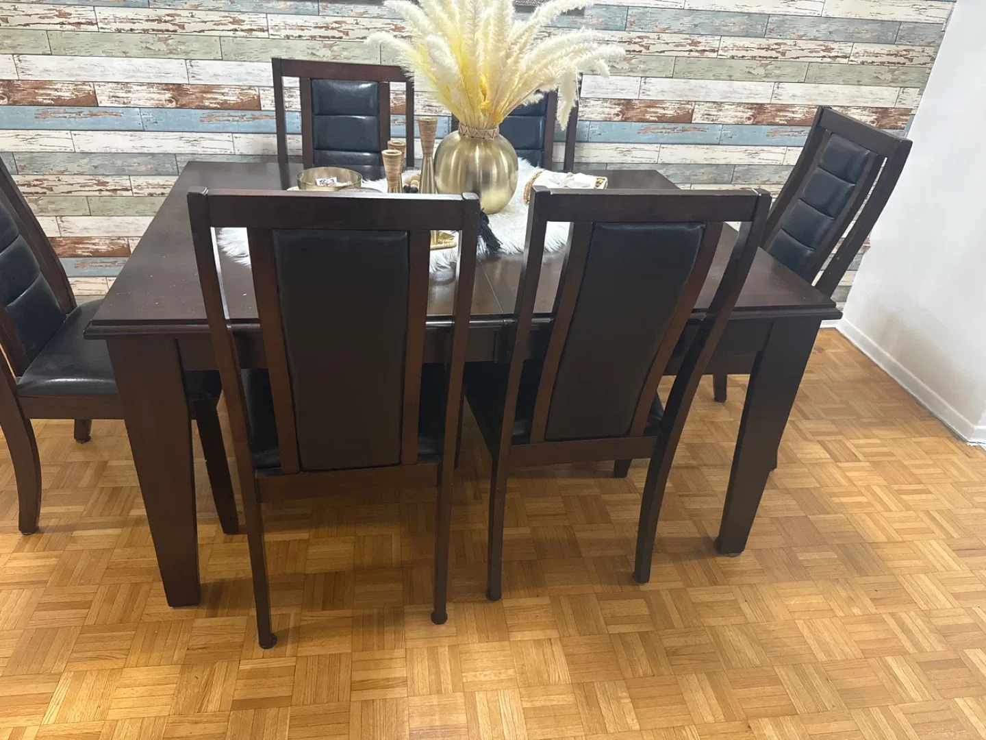 Dining Table with 6 Chairs - Dark Wood & Black Leather image indicator(4)