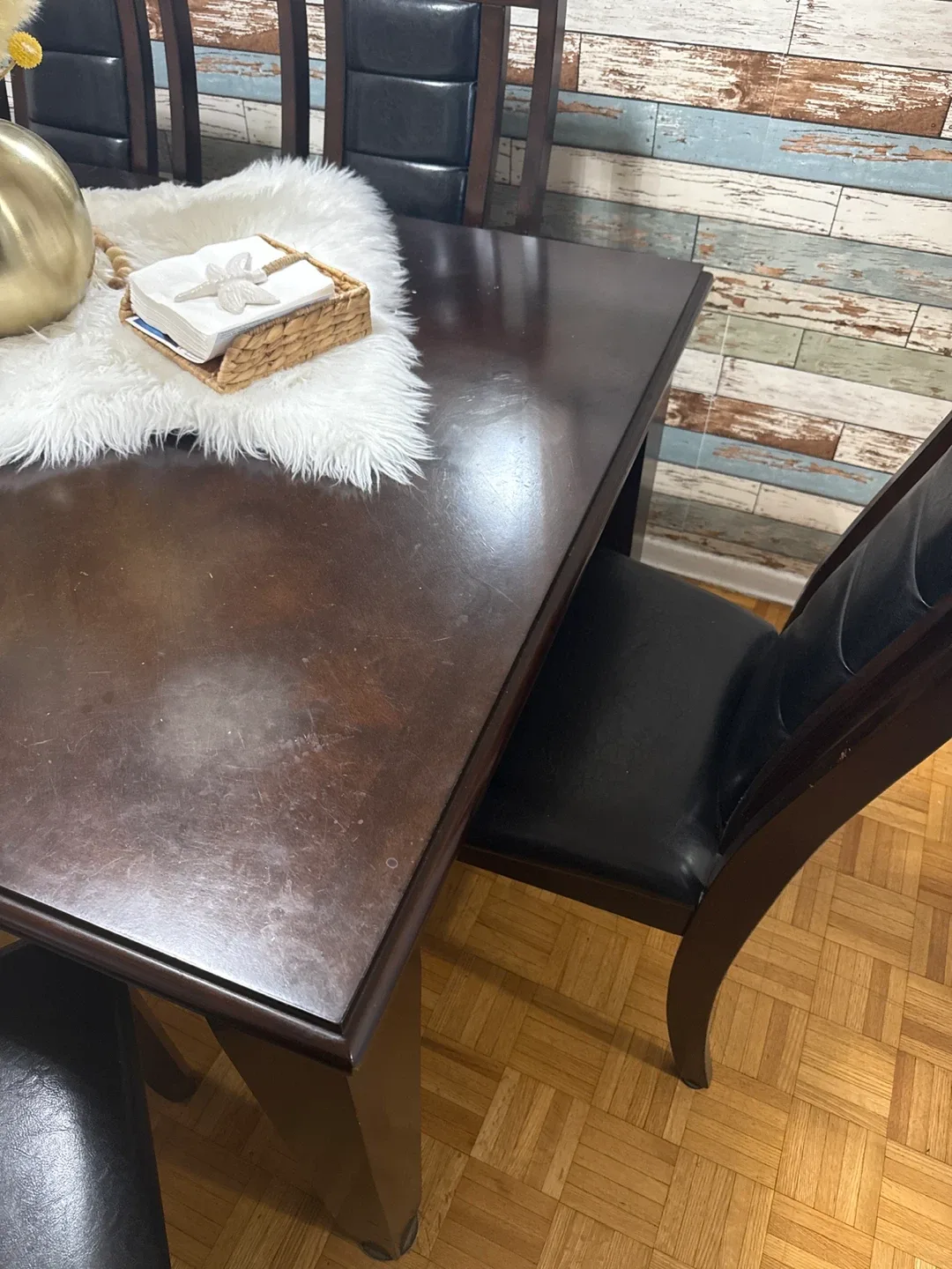 Dining Table with 6 Chairs - Dark Wood & Black Leather image indicator(3)