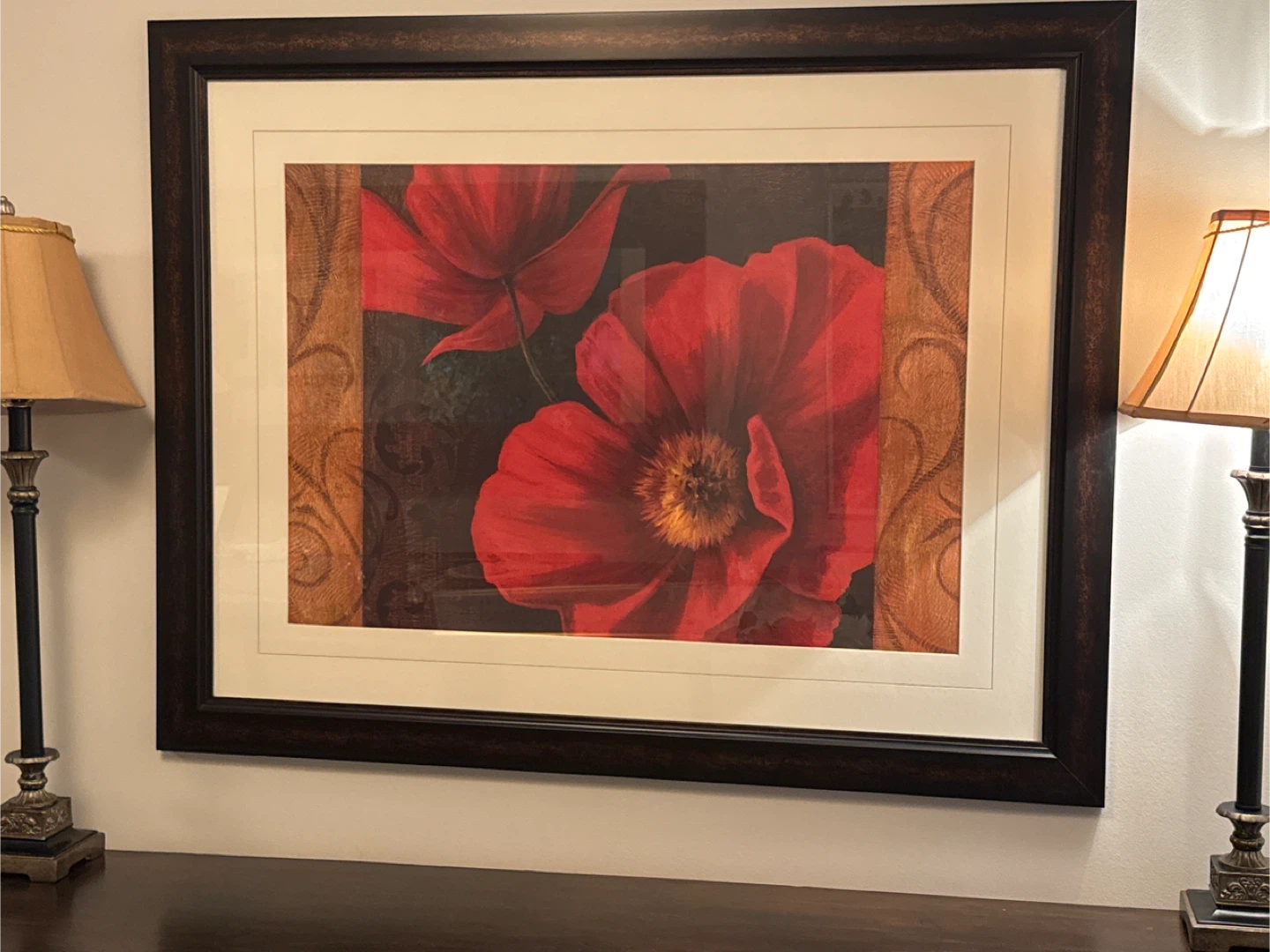 3foot high by 3.5foot wide Copper and brown framed poppy picture