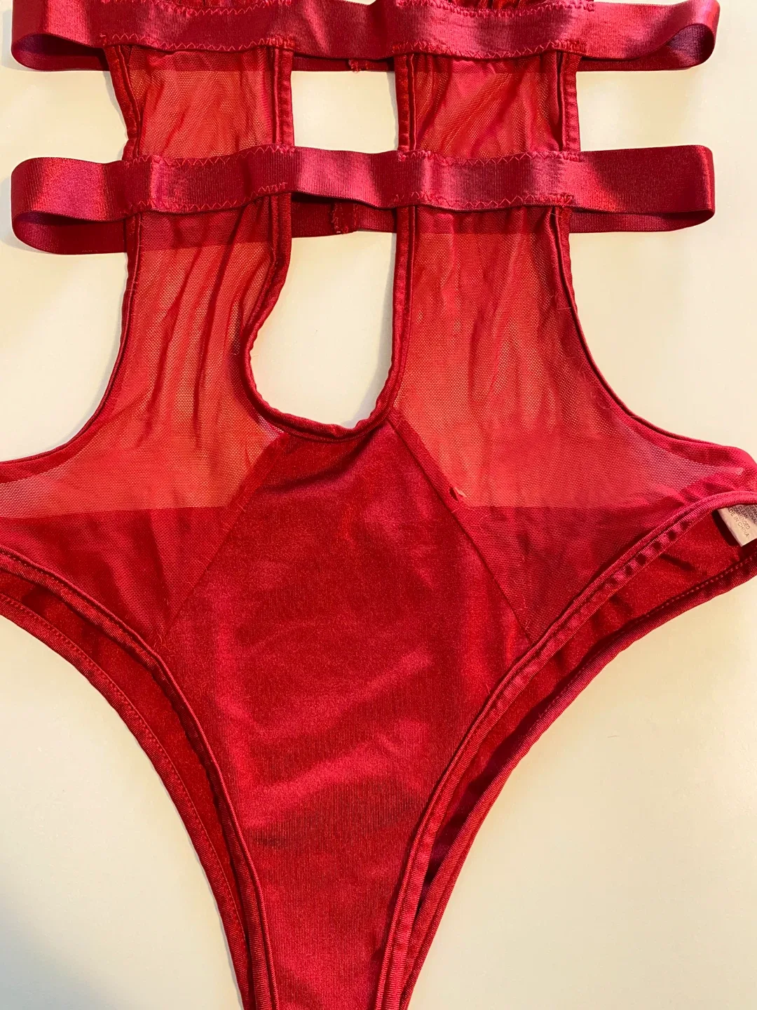 Red Contrast Mesh Cut Out Halter Teddy Bodysuit image indicator(4)