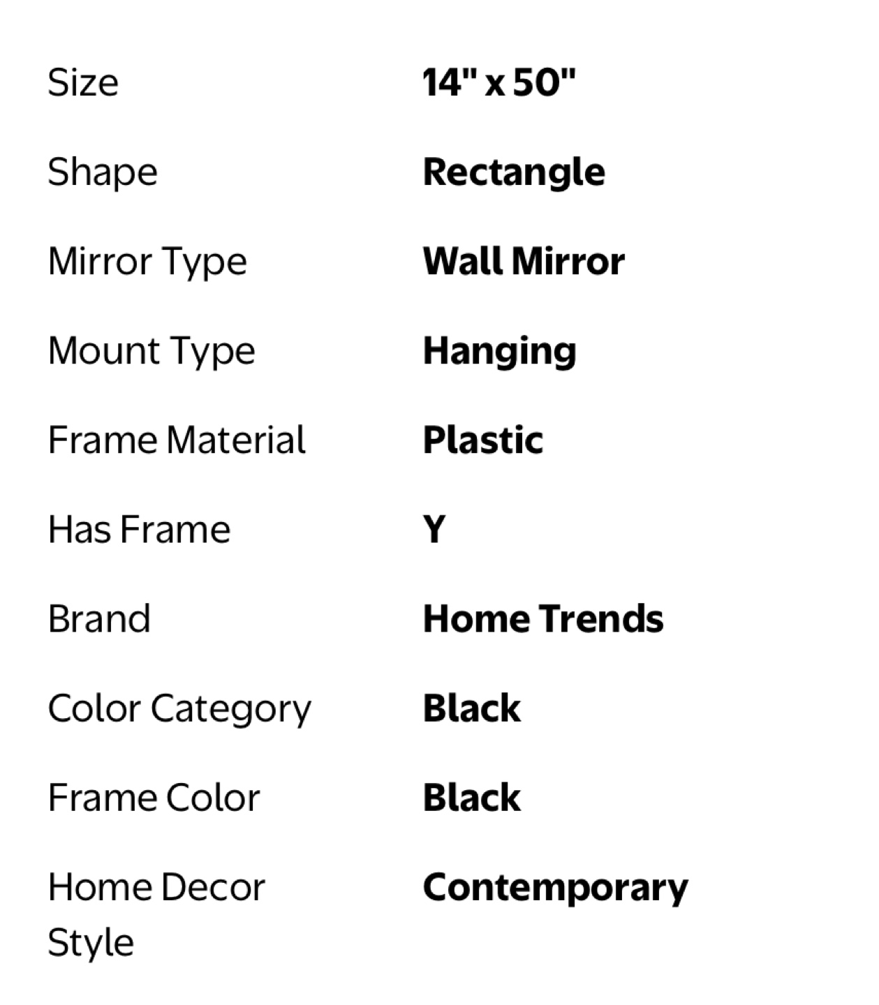 Home Trends Black Wall Mirror 14" x 50"