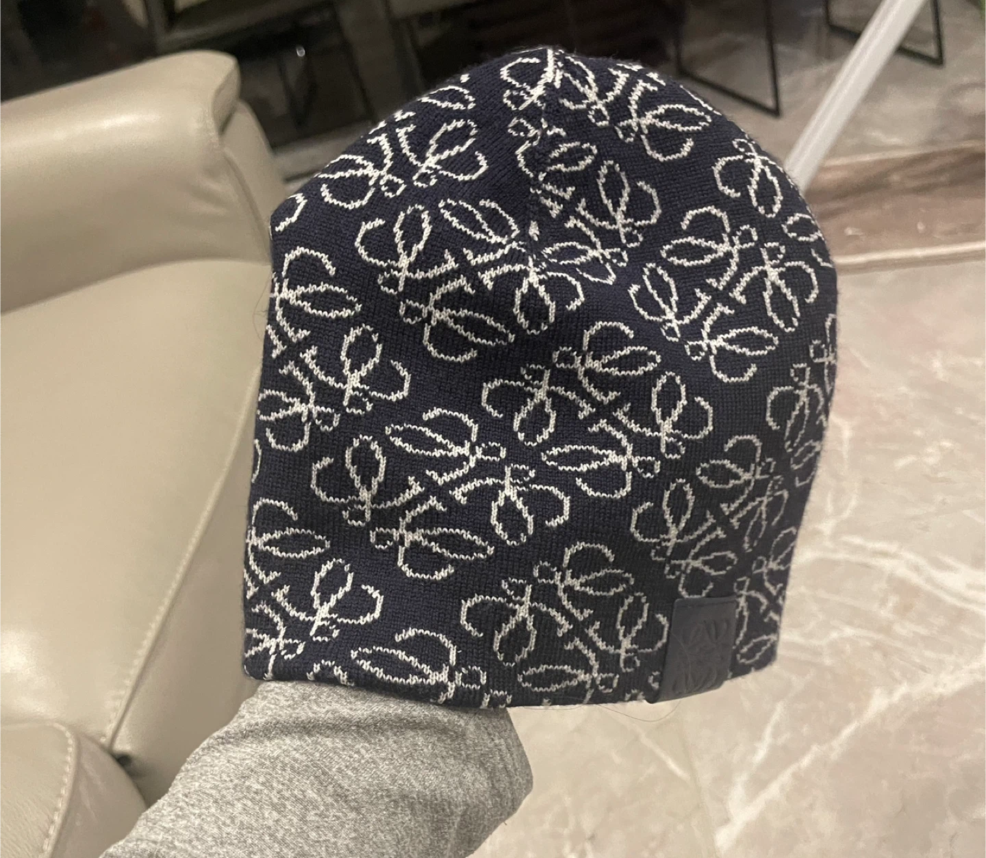 New Loewe All-Over Anagram Beanie - Navy/White - photo 2