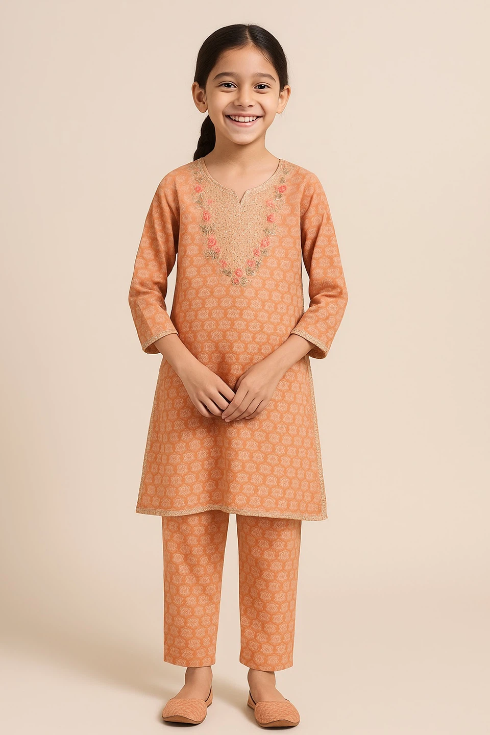 Girls' Orange Printed Kurta Set - photo 2