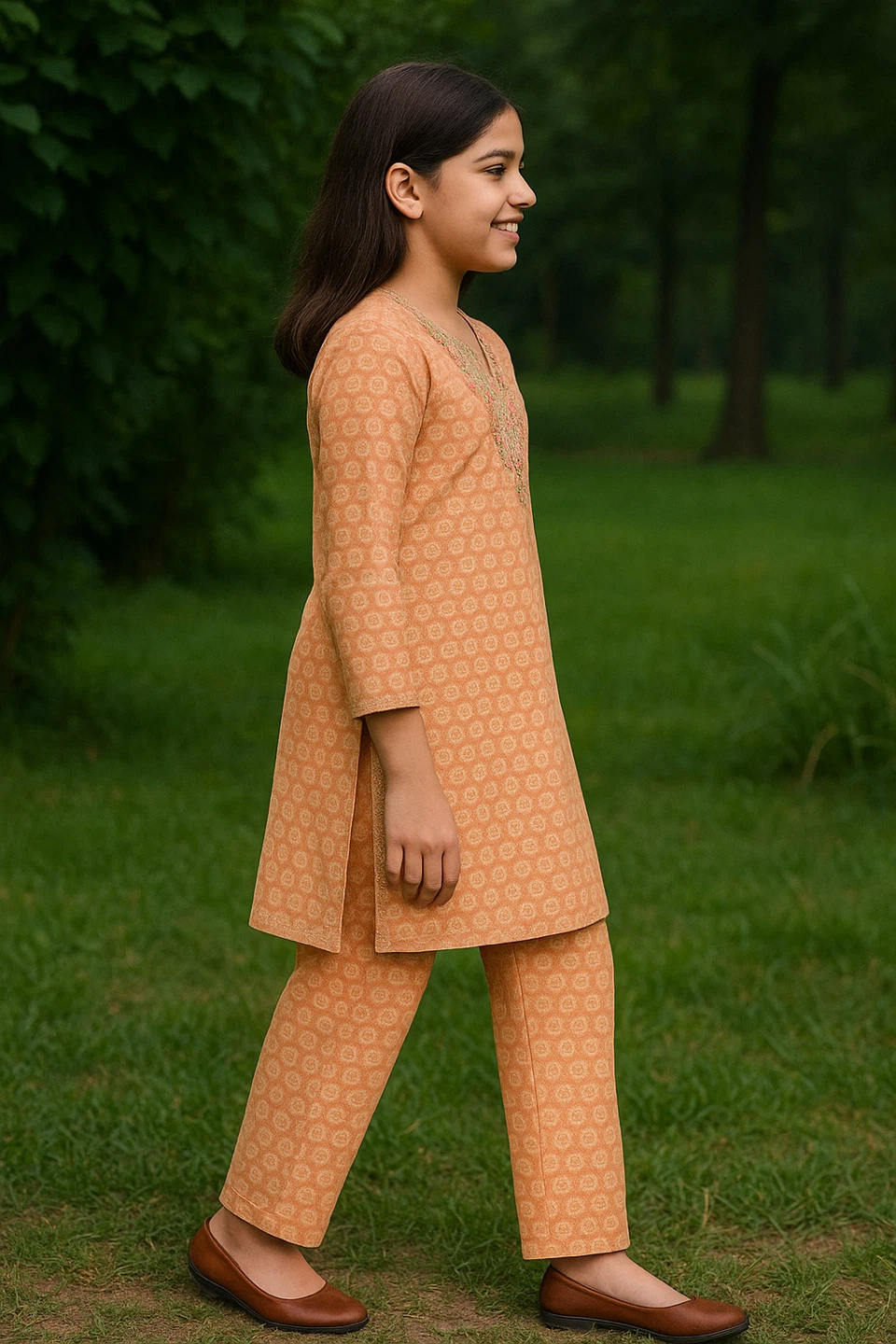 Girls' Orange Printed Kurta Set