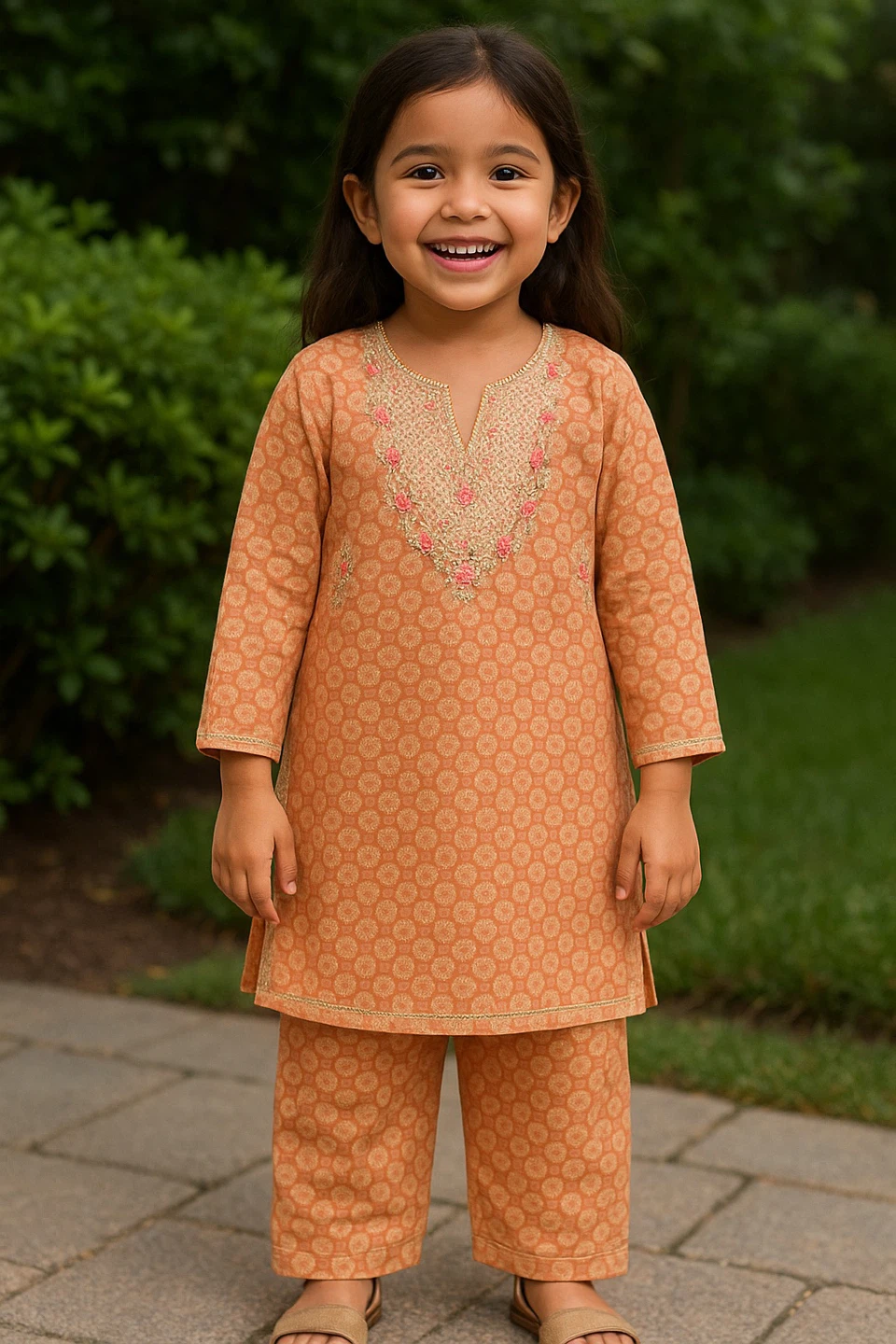 Girls' Orange Printed Kurta Set - photo 4