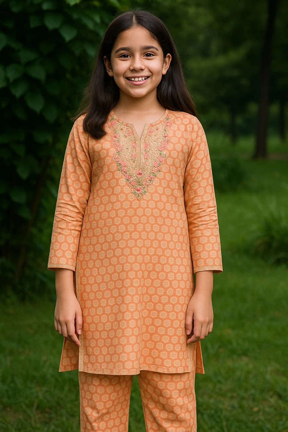 Girls' Orange Printed Kurta Set - photo 3