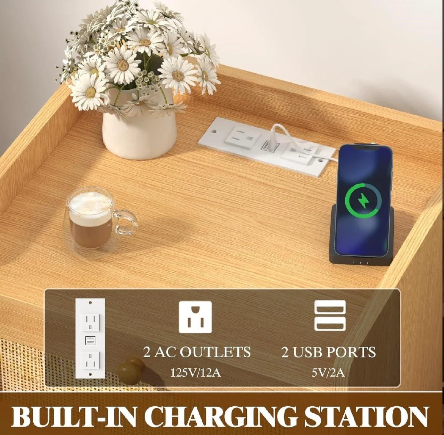 Wooden Rattan Nighstand w/ Charging Station, 1pc - photo 4