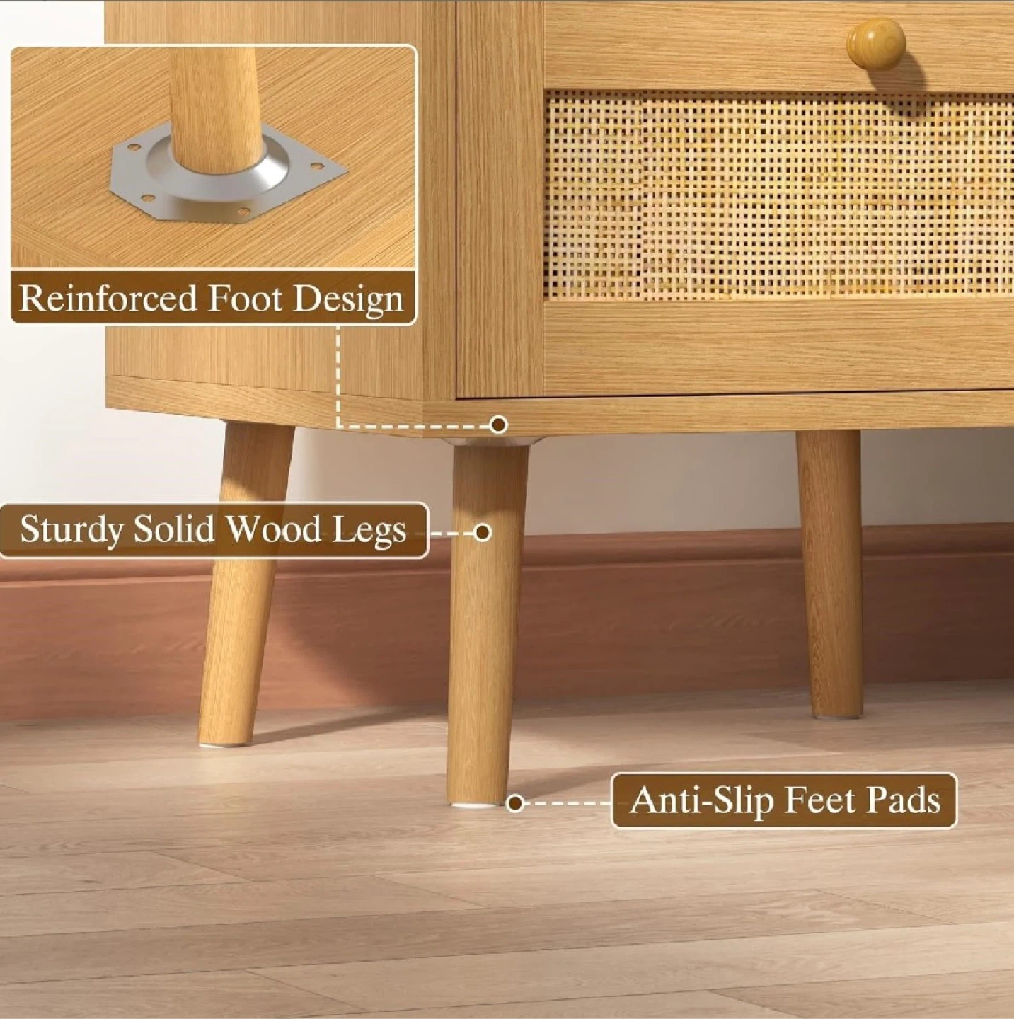Wooden Rattan Nighstand w/ Charging Station, 1pc - photo 2