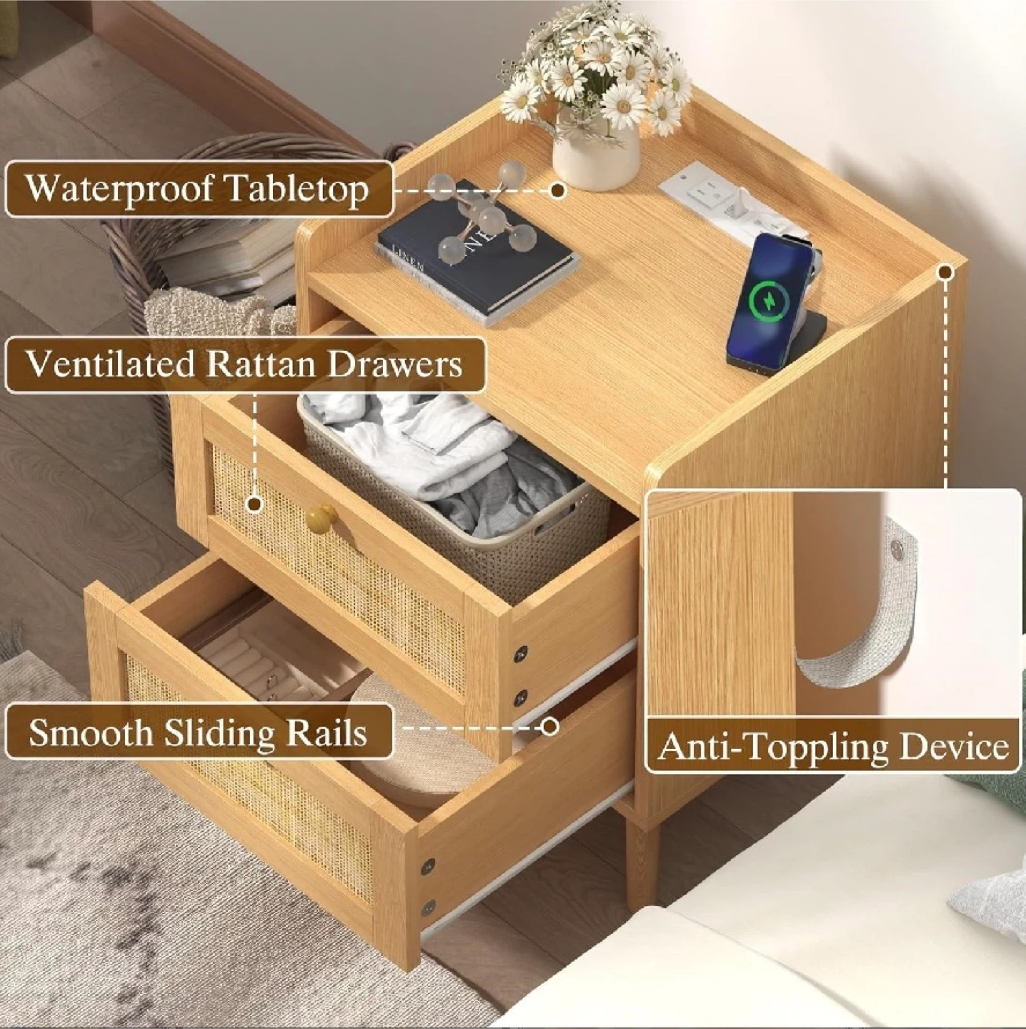Wooden Rattan Nighstand w/ Charging Station, 1pc - photo 3