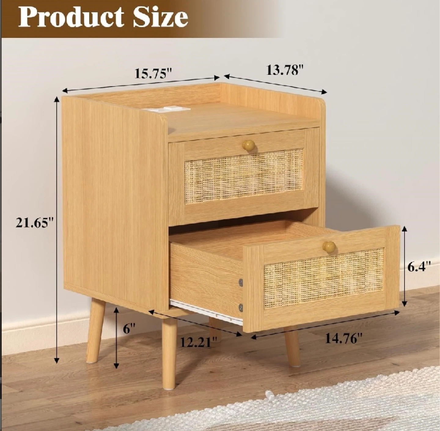 Wooden Rattan Nighstand w/ Charging Station, 1pc