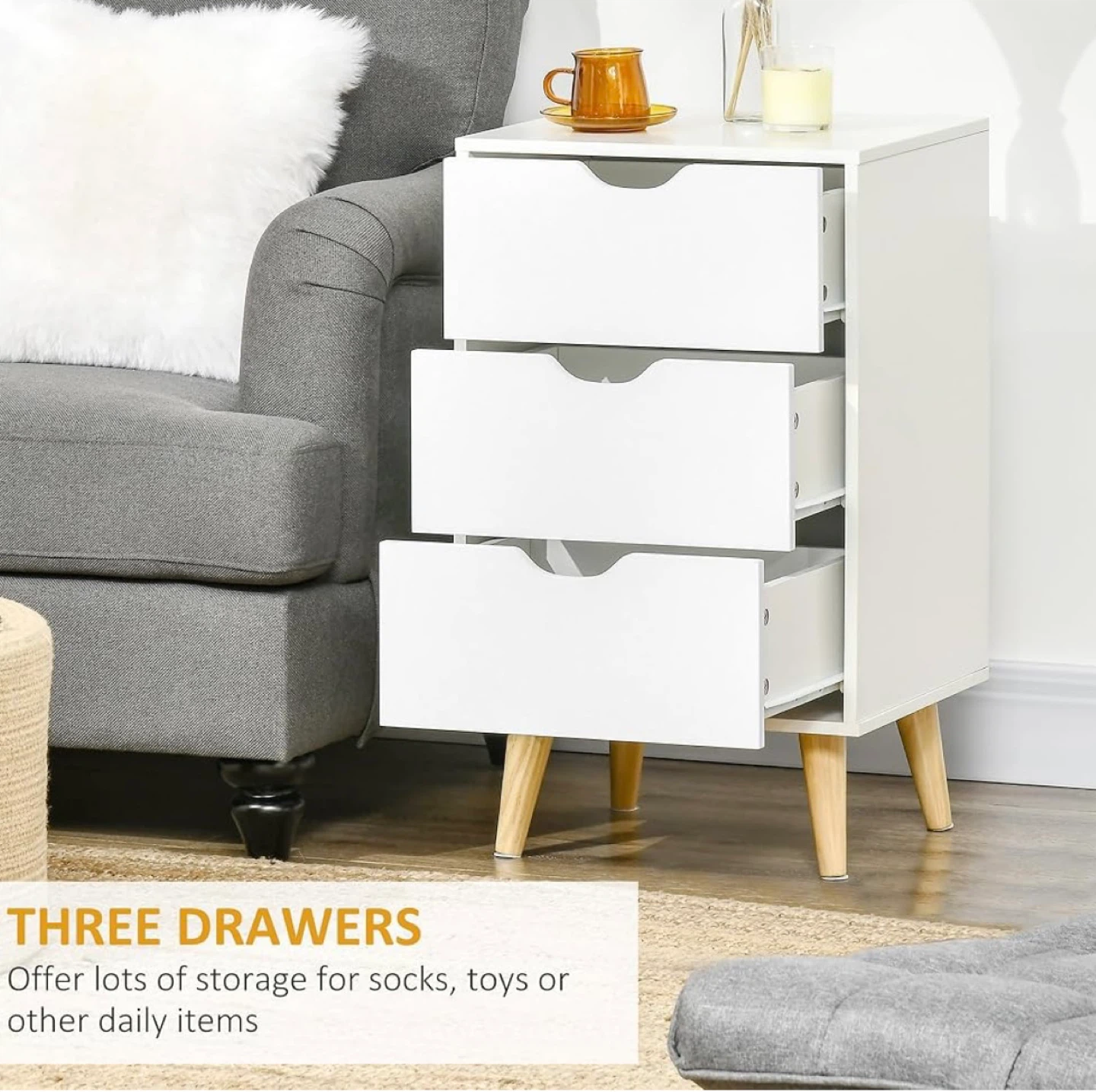HOMCOM 3-Drawers Nightstand, White - photo 5