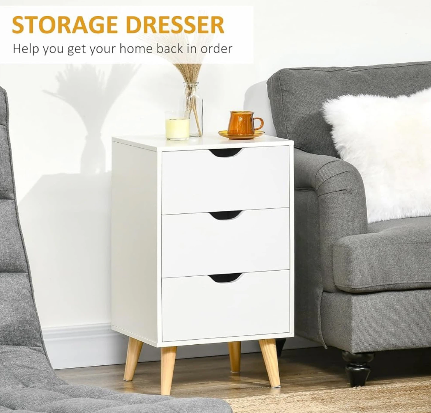 HOMCOM 3-Drawers Nightstand, White - photo 4