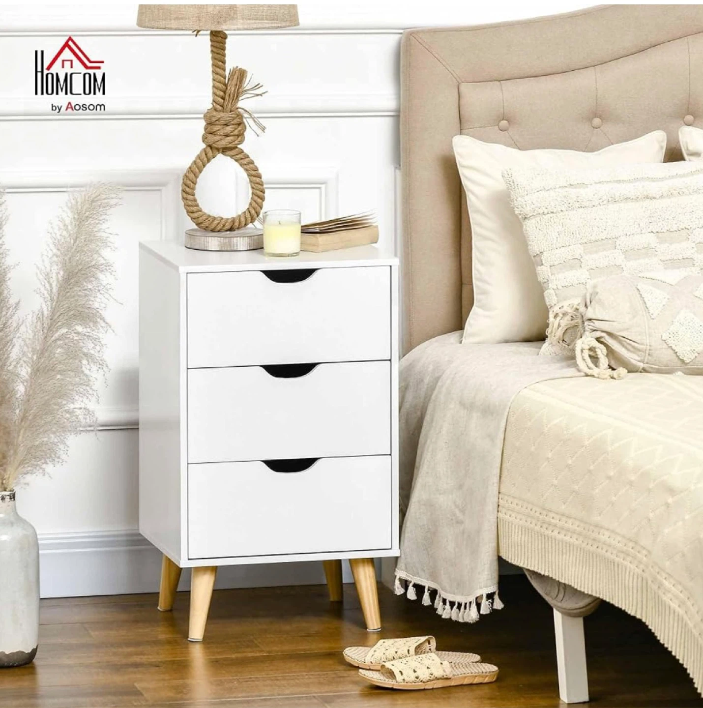 HOMCOM 3-Drawers Nightstand, White